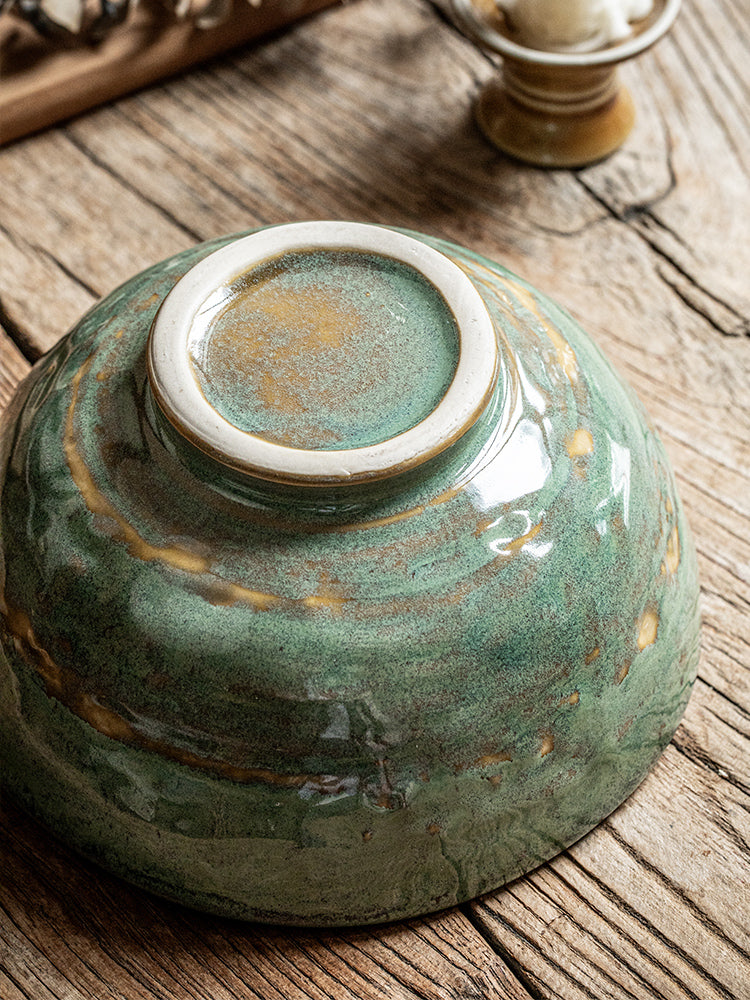 Ceramic Noodle & Rice Bowl Set - Green Glaze Kiln, 5.5 & 6.5 Inch