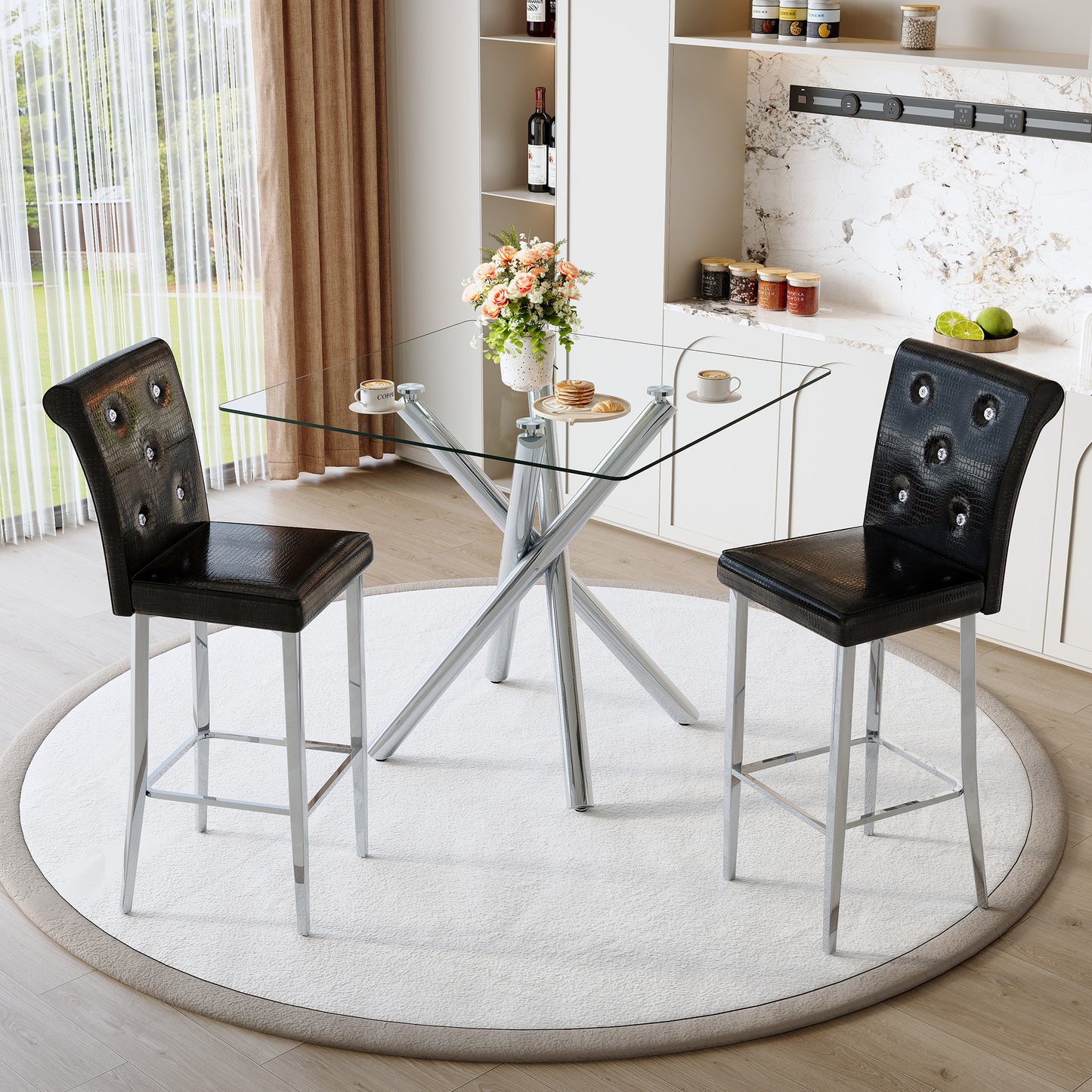 Modern Glass Bar Table Set with Fixed-Height Stools - Black & Silver