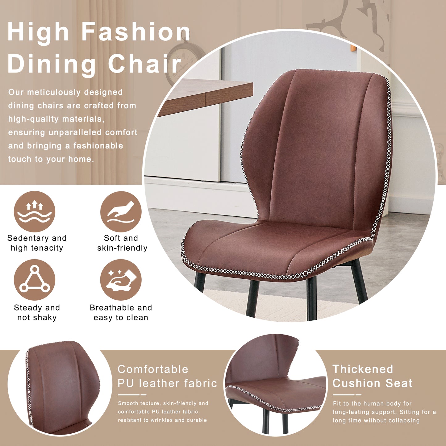 4-Pack Reddish-Brown PU Leather Dining Chairs with Metal Legs