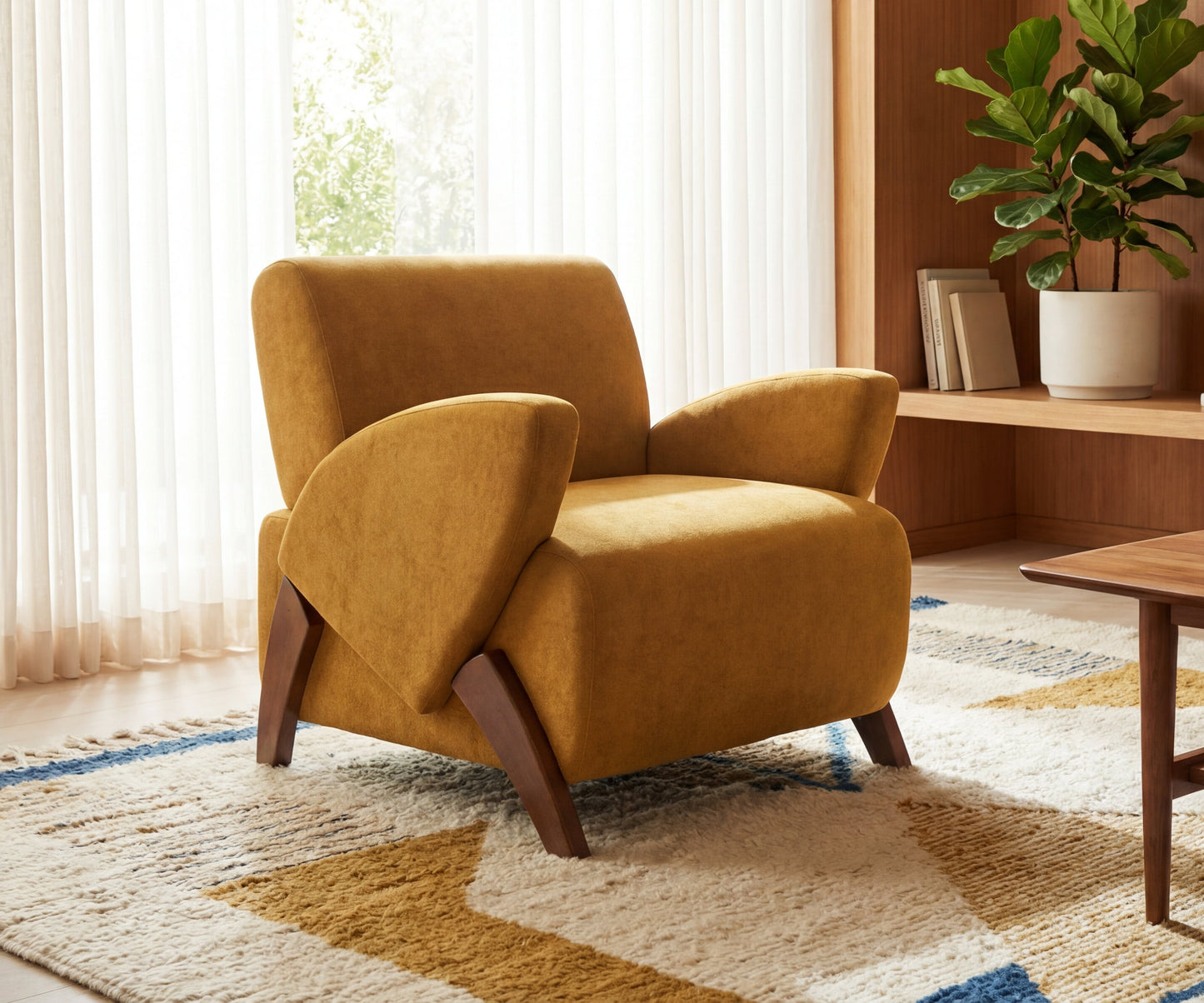 28-Inch Velvet Lounge Chair with Birch Legs - Turmeric