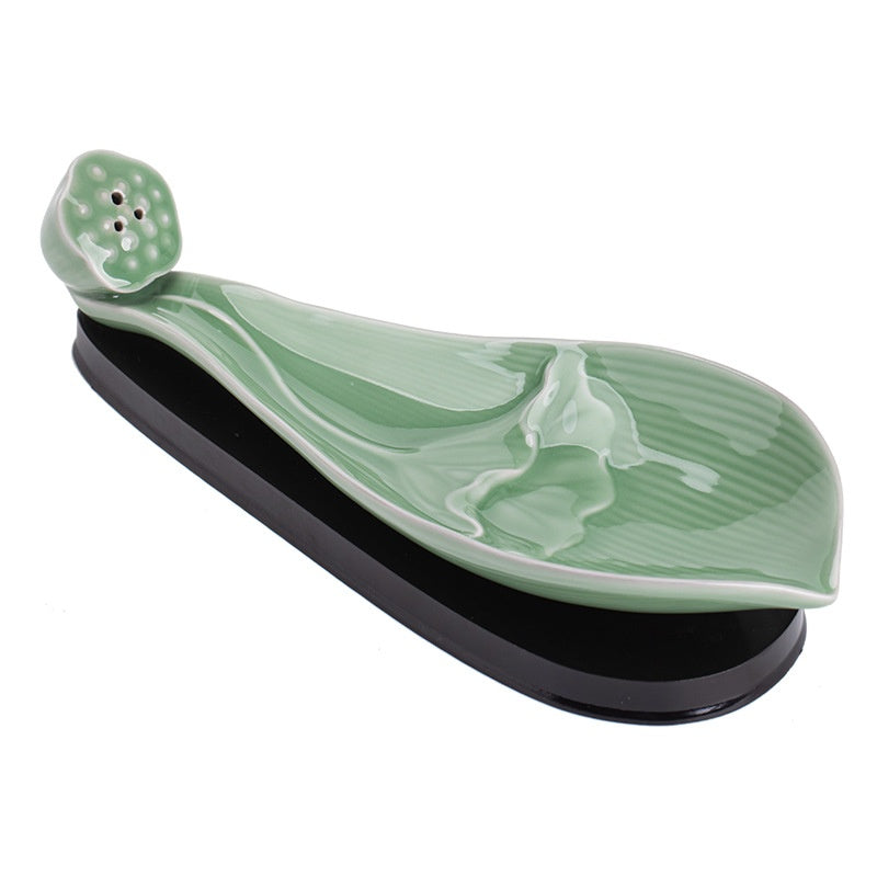 Ceramic Lotus Boat Incense Holder with Wooden Base - Zen Home Fragrance Decor
