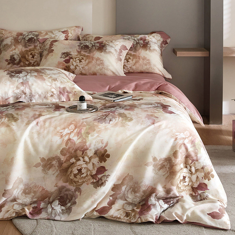 Flower Tencel Bedding Set - Four-Piece Includes Quilt Cover & Sheets