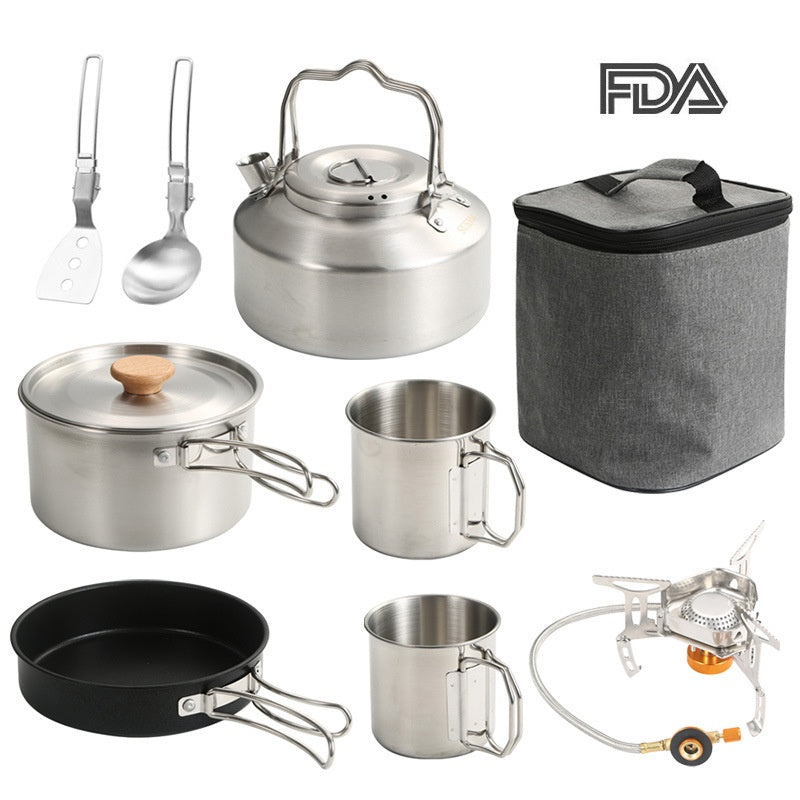 Portable Outdoor Cookware Set with Folding Pans & Windproof Gas Stove