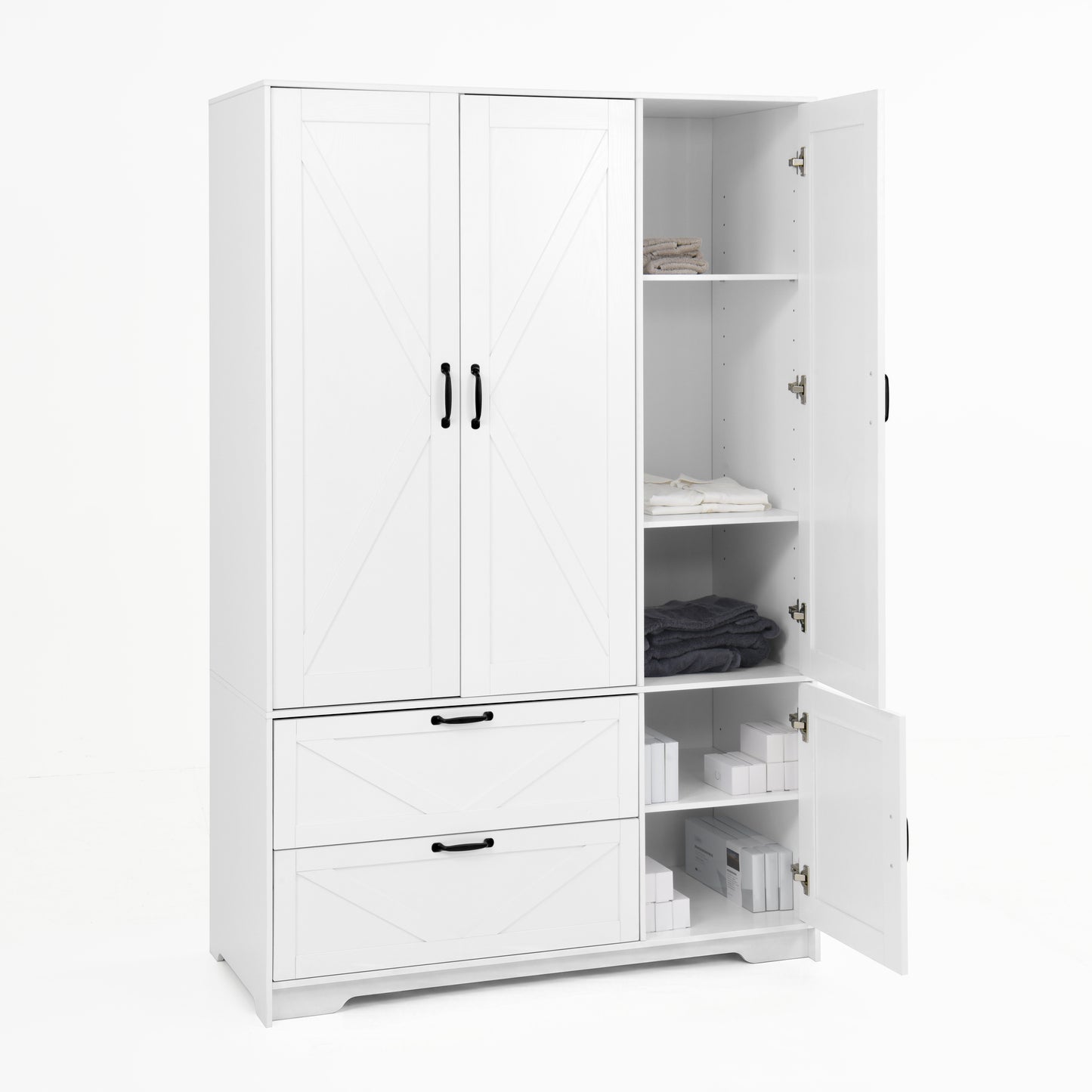 4-Door White Wardrobe Closet with Mirror & LED Lighting