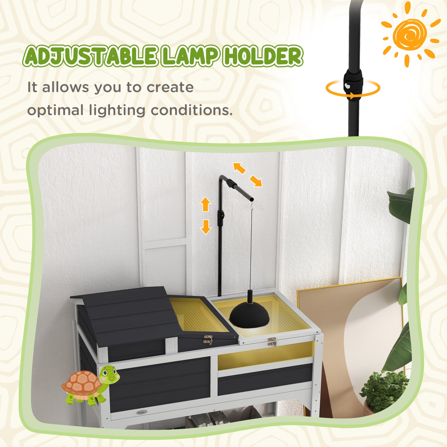 Pet Tortoise House with Adjustable Lamp Holder, Storage Shelf & Removable Main, Gray