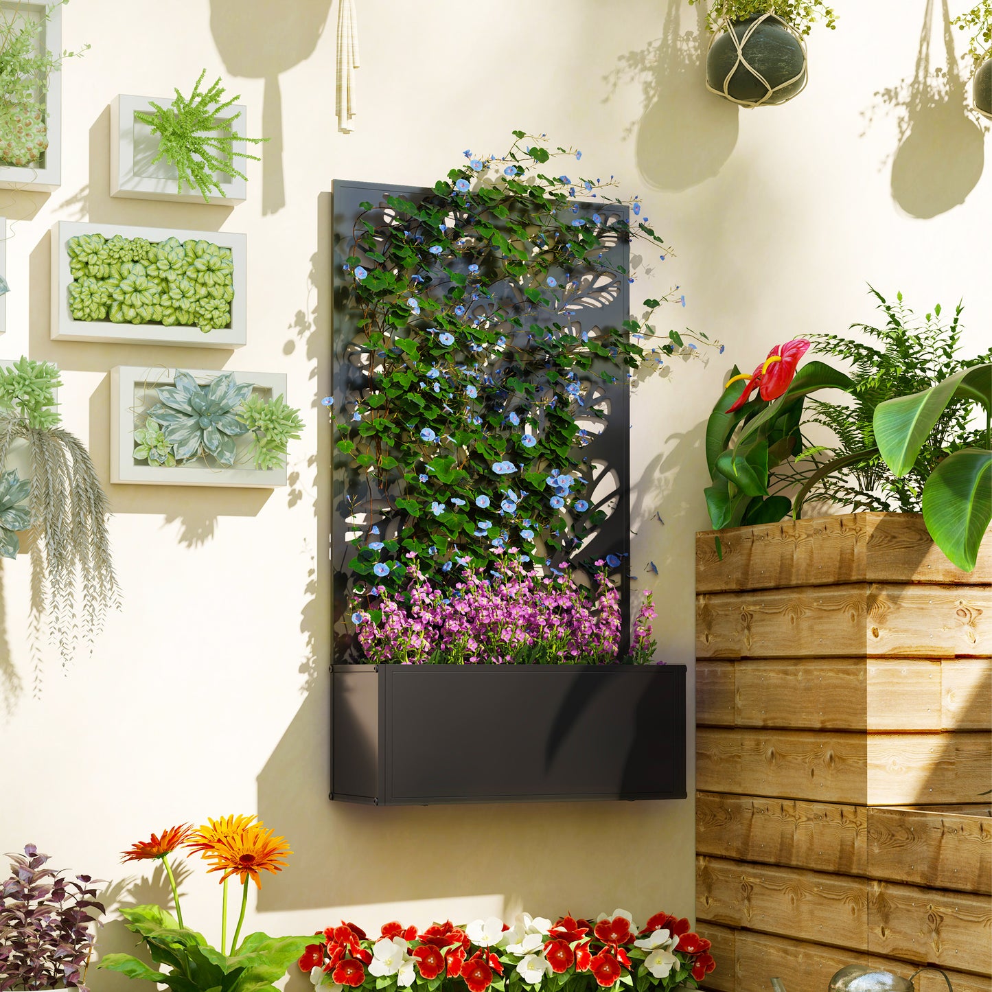 Metal Garden Bed with Trellis for Climbing Plants Black 960x680x65mm