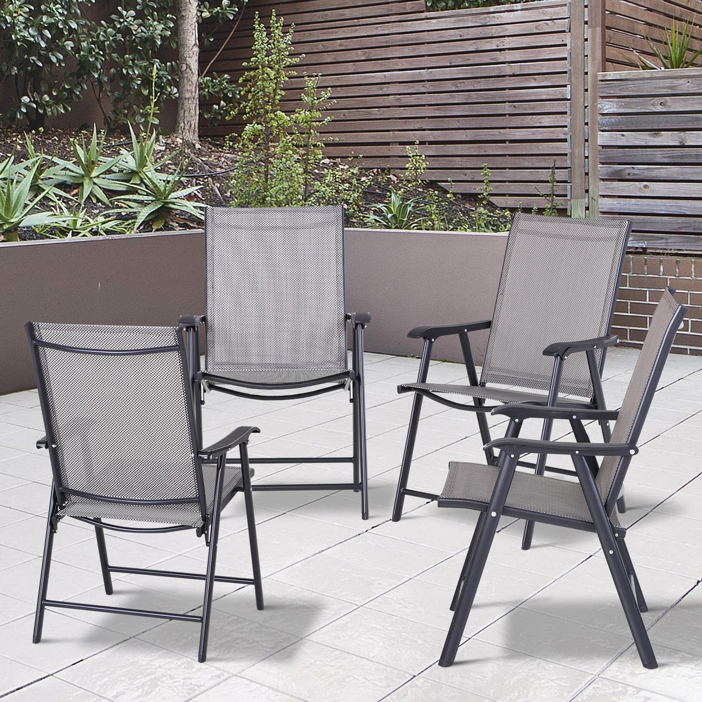 Set of 4 Outdoor Folding Chairs - Stackable Metal Frame, Gray