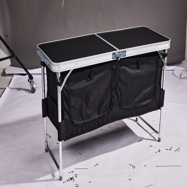 Portable 4ft Folding Camping Table with Storage Compartments - Black