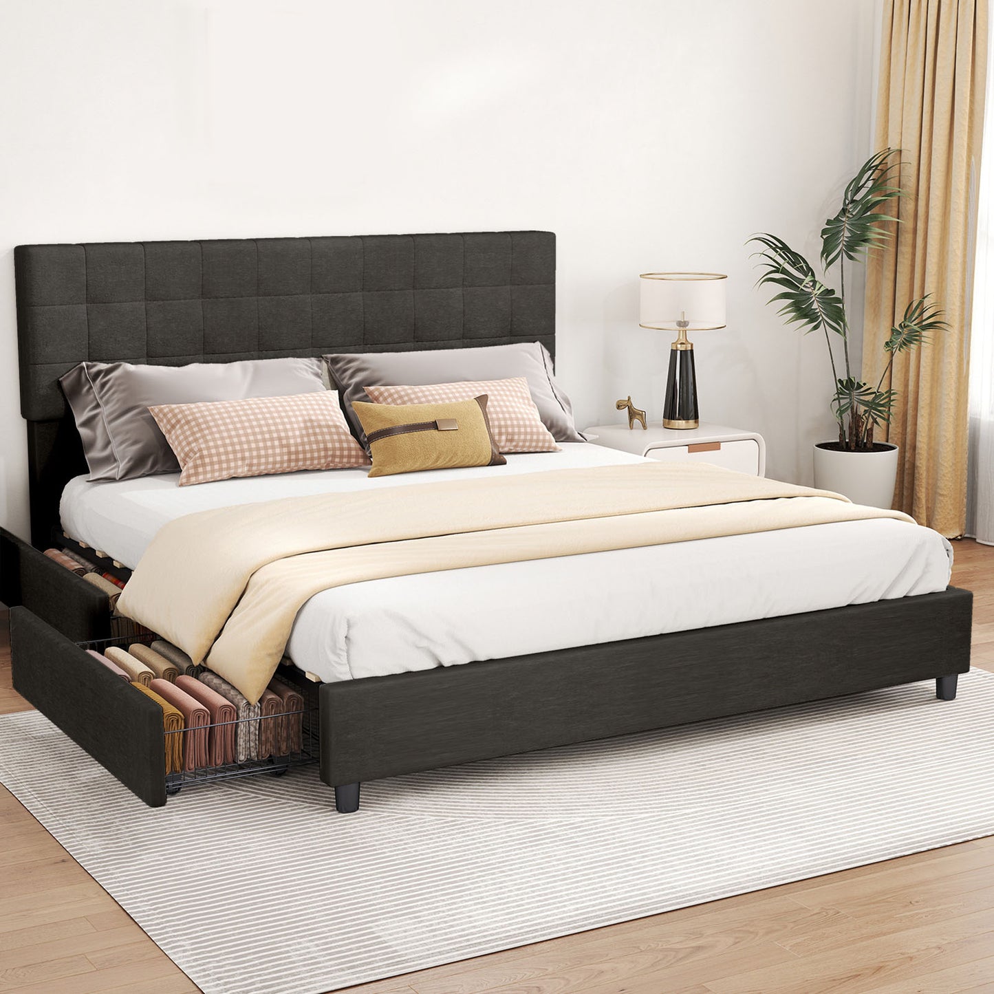 King Size Bed Frame Upholstered Vertical Channel Headboard With 4