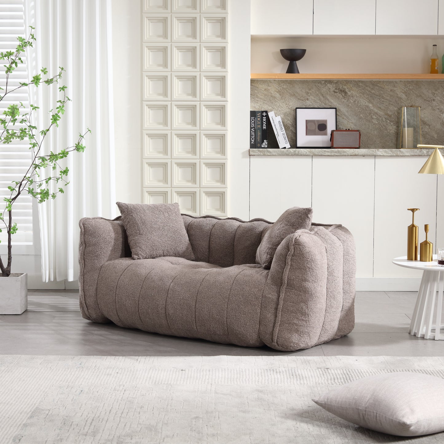 Comfortable Brown Beanbag Chair for Two - Chenille Foam Sofa