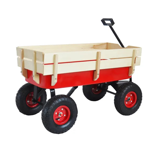 Outdoor Garden Wagon with Wooden Side Panels and Air Tires - Heavy Duty Utility Cart