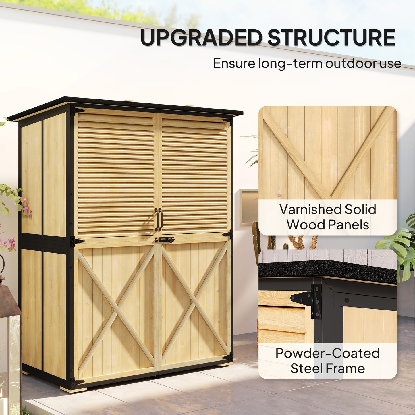 Wood Storage Shed, Outdoor Garden Shed With Asphalt Roof, 2 Shelves,