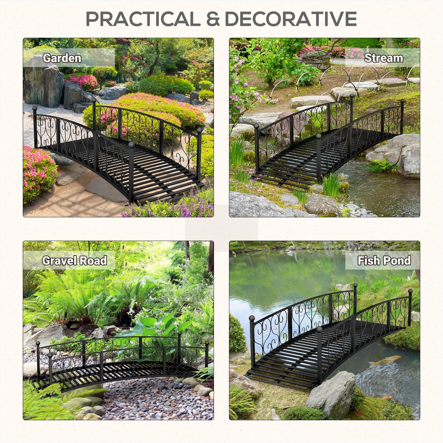 Metal Garden Bridge with Side Railings - Black Arc Footbridge, 840x740mm
