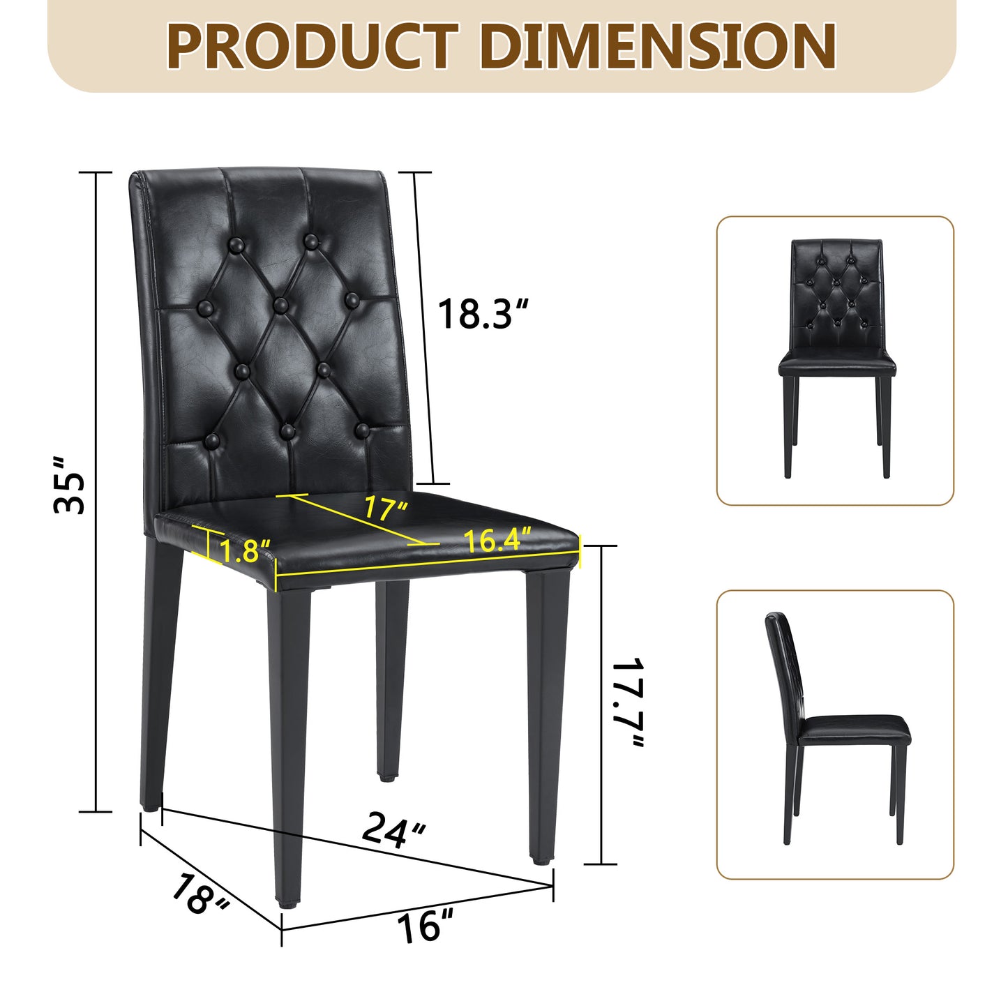 2-pack Black PU Dining Chairs,Ergonomic Buckle Backrest, 35 Inches