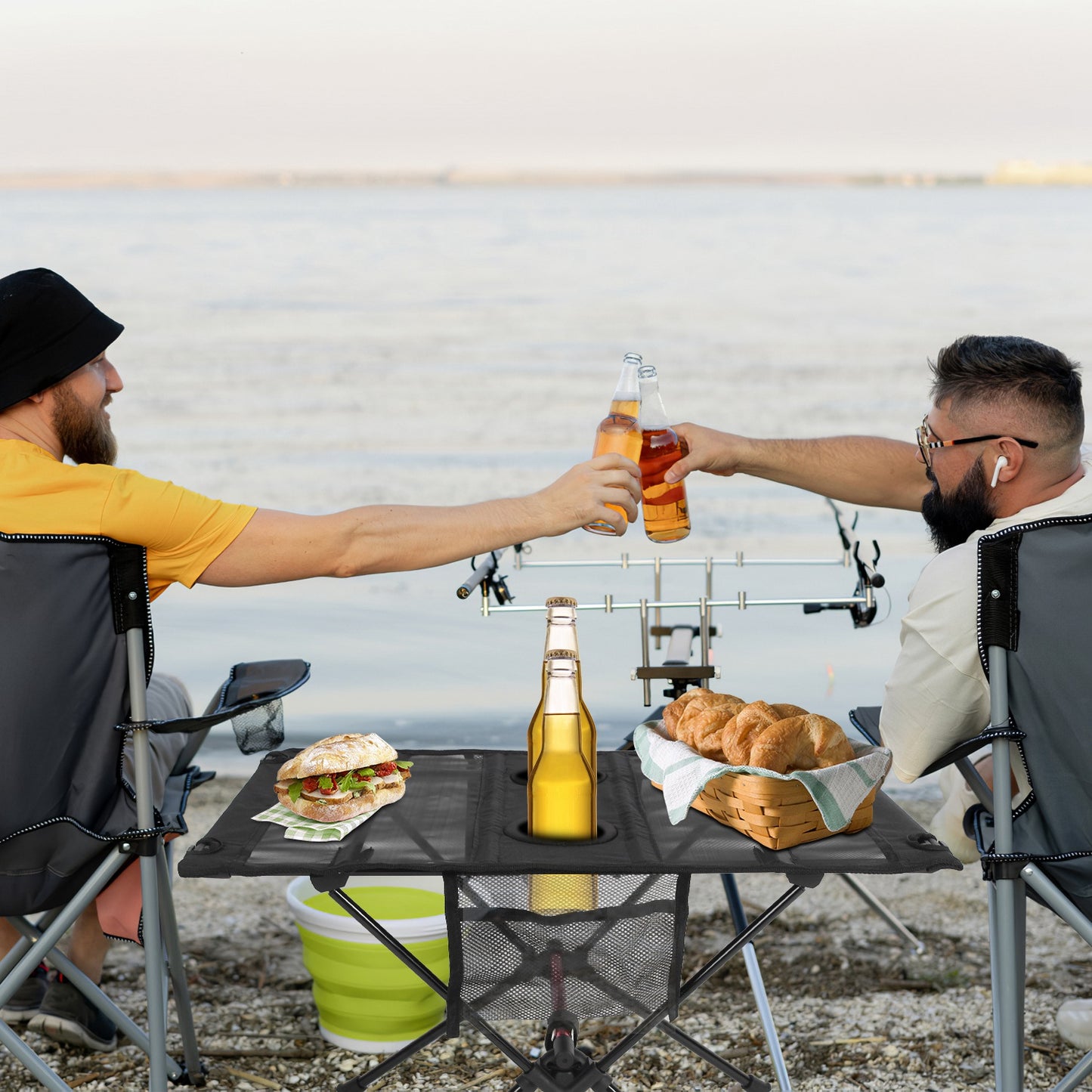 Portable Folding Camping Table with Cup Holders & Storage Bag - Black