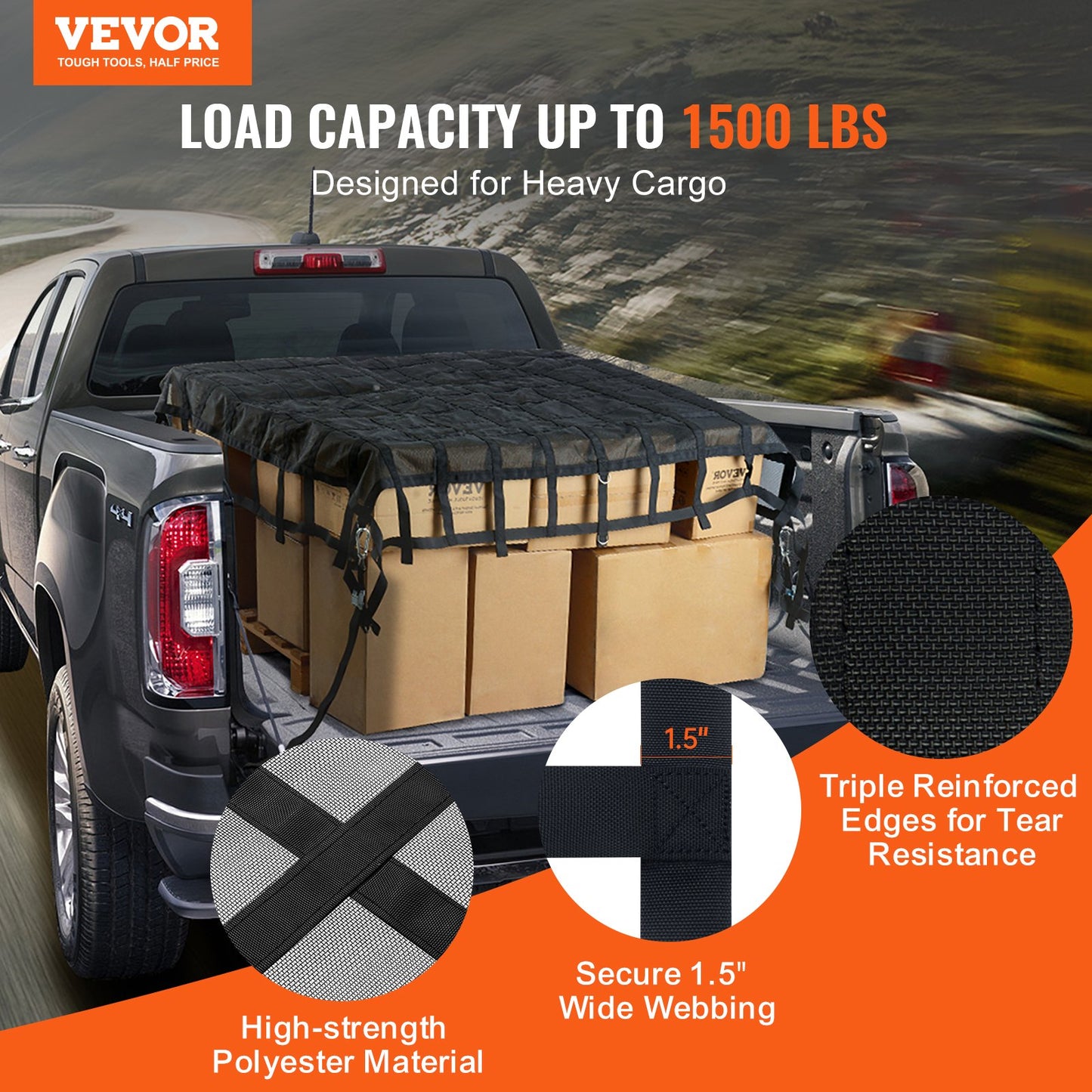Heavy Duty Cargo Net 96x81 Inches with Adjustable Buckles & S-Hooks - Weatherproof Load Capacity 1500 lbs