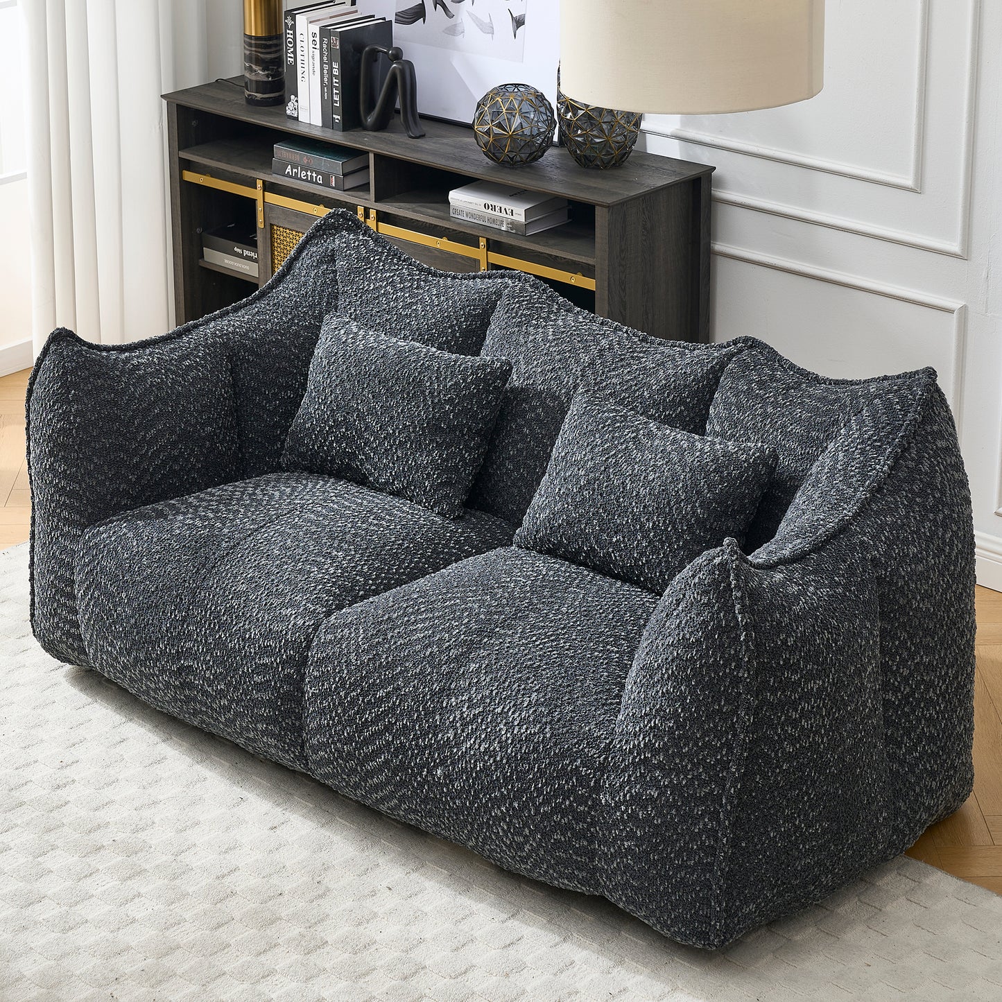 Comfortable Square Beanbag Chair for Two - Black Chenille