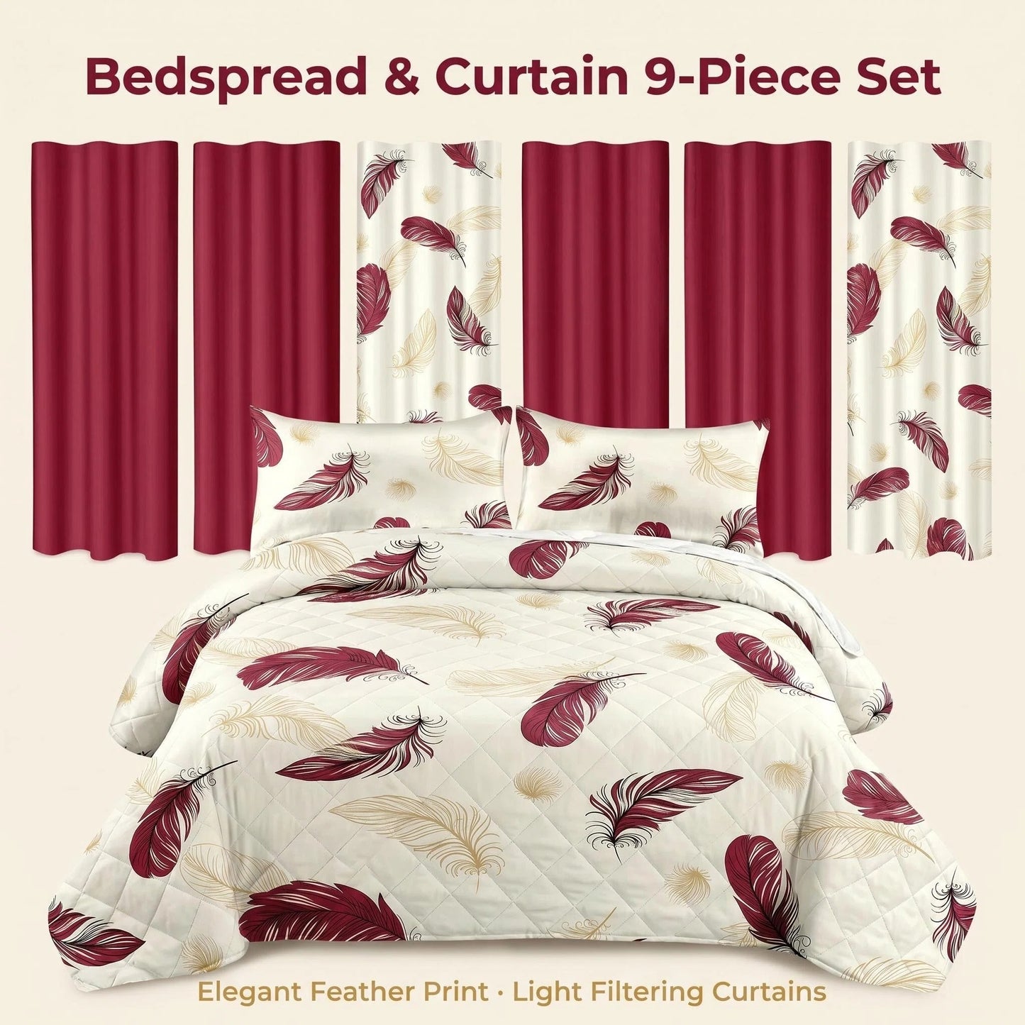 9-Piece Boho Feather Print Quilt and Curtain Set - Multiple Sizes