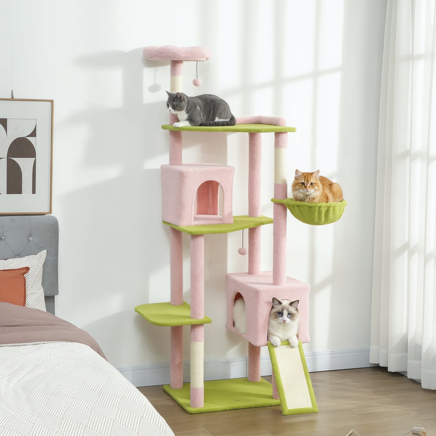 74-Inch Large Flower Cat Tree with Scratching Posts & Condos - Pink
