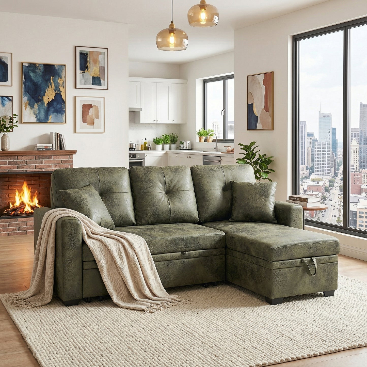 Sleeper Sofa with Pull-Out Bed & Reversible Chaise - Olive Green