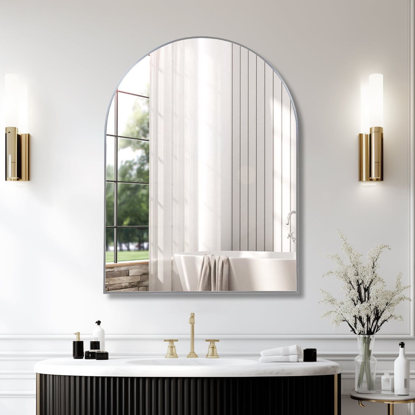 30x40 Inch Arched Silver Metal Framed Wall Mirror