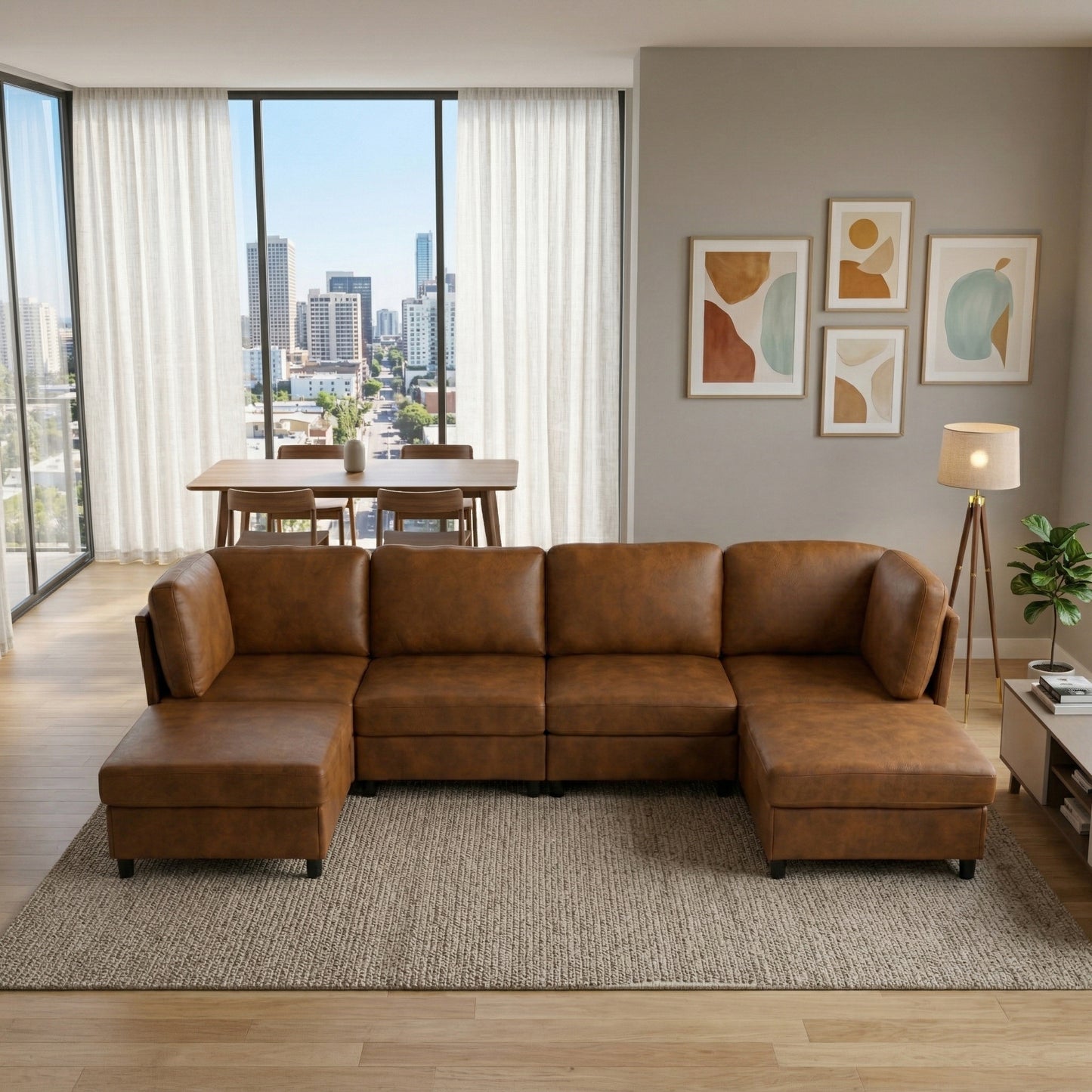 Modular Corner Sofa - Light Brown Fabric, 6 Seats, Modern Design