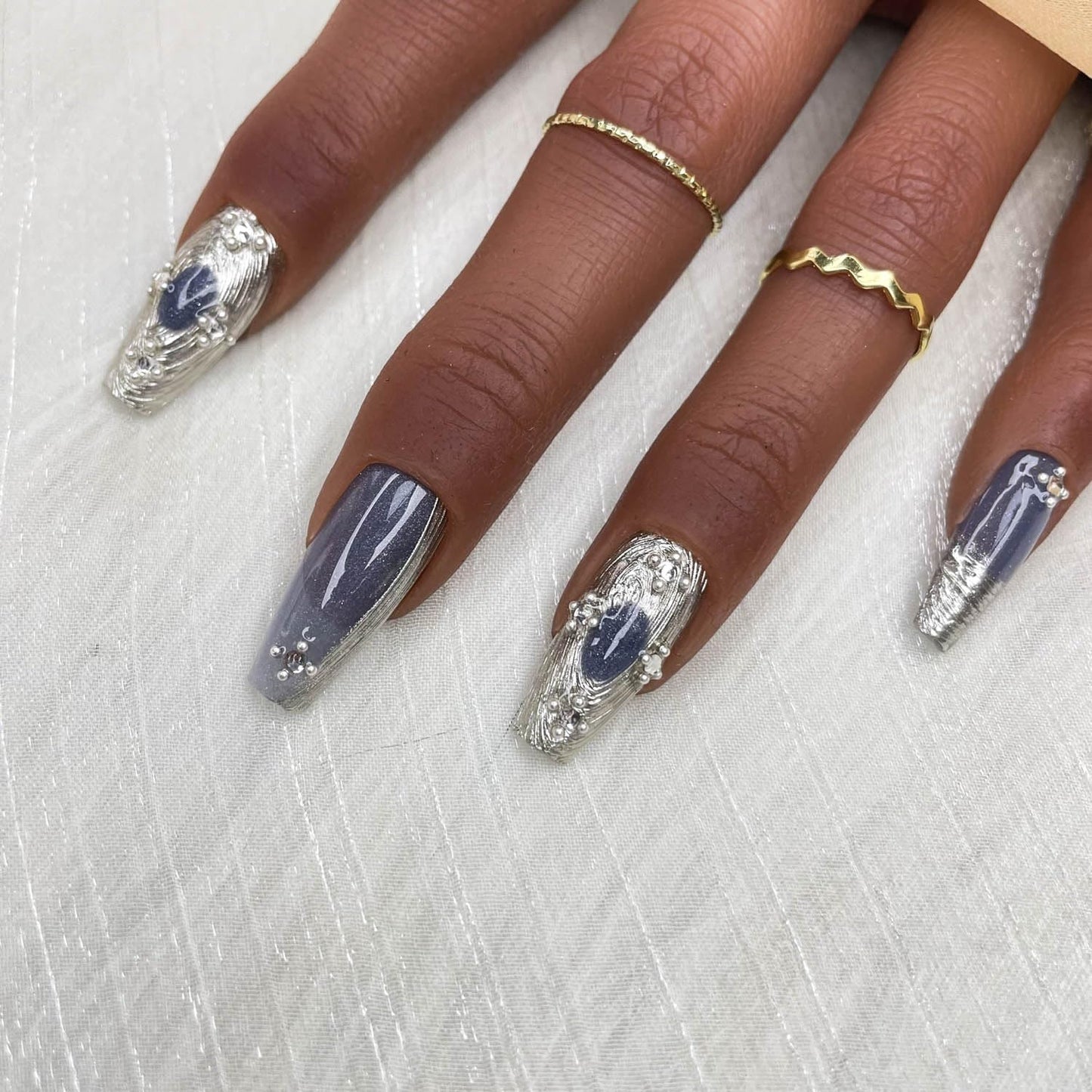 Long Coffin Press On Nails with Rhinestones - Gradient Mercury Veil