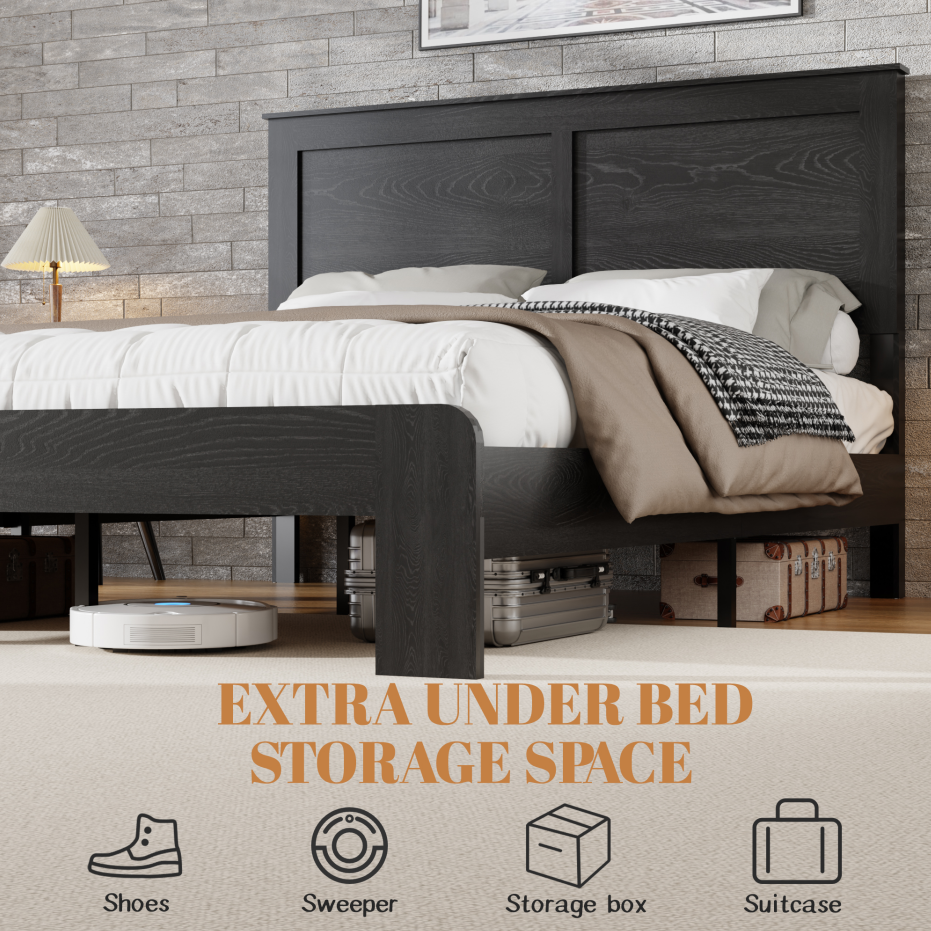 Queen Wood Platform Bed Frame with Underbed Storage - Black