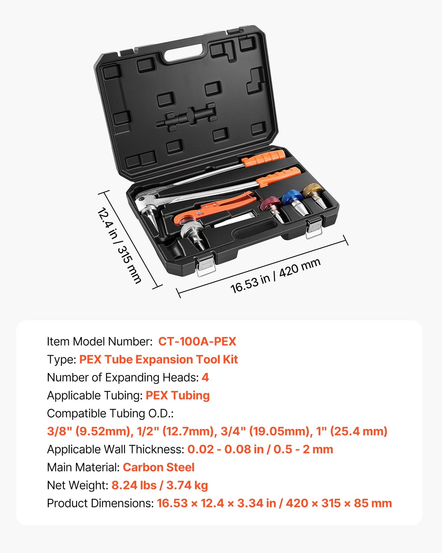 Manual PEX Pipe Expander Tool Kit for 3/8'' to 1'' Pipes with Carrying Case