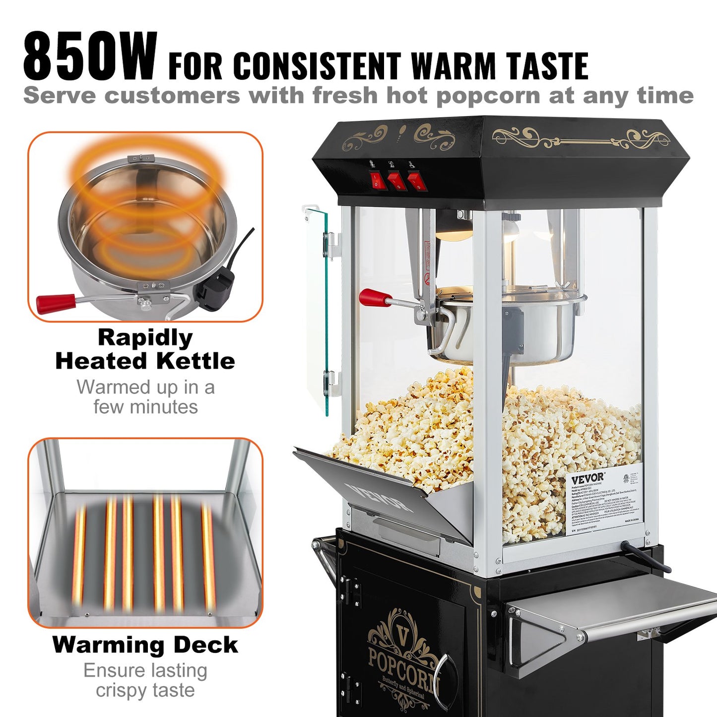 Commercial Popcorn Maker with Cart 850W 8 Oz Capacity for Events & Stores