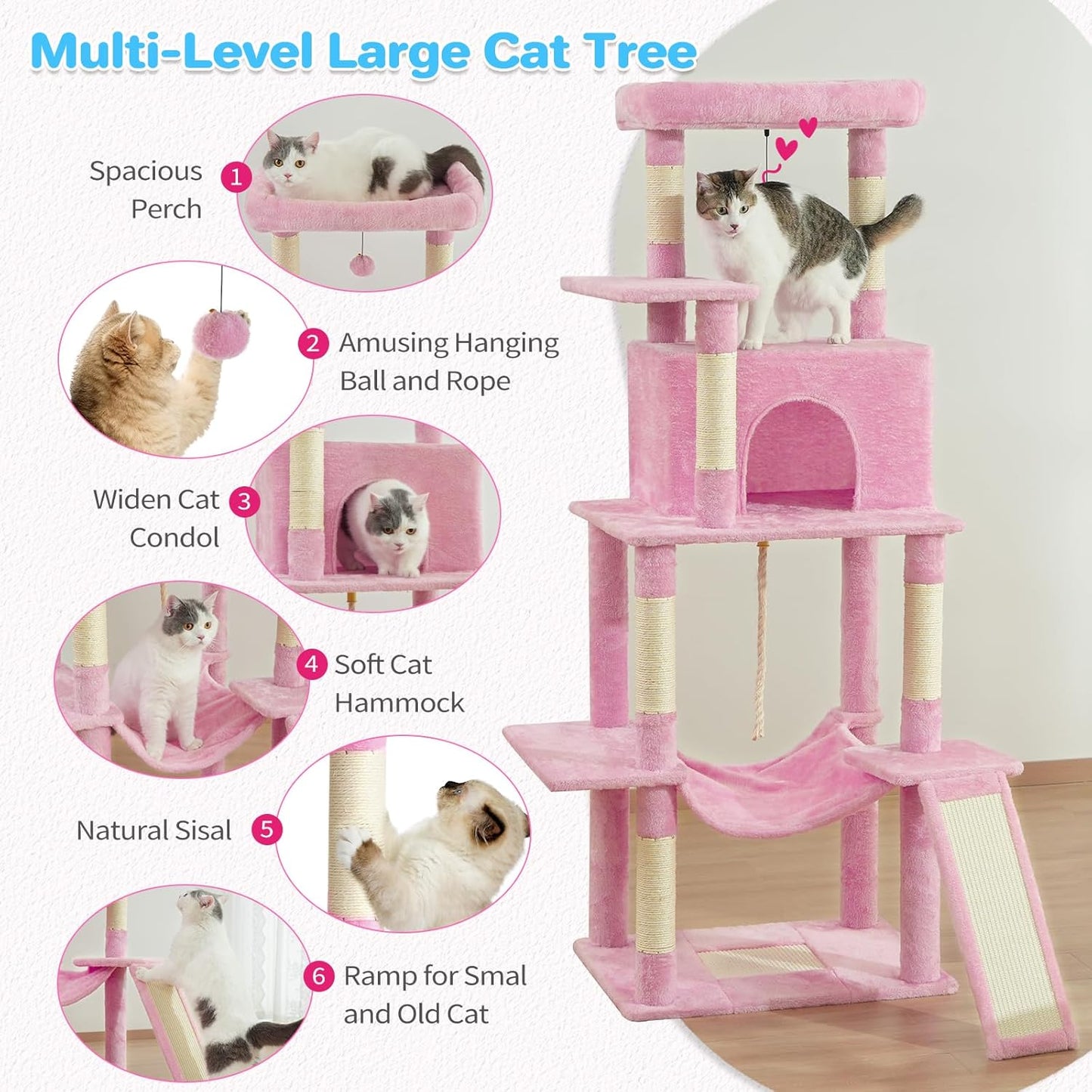 Multi-Level Cat Climbing Tree with Sisal Scratch Post and Resting Areas - 63 Inch