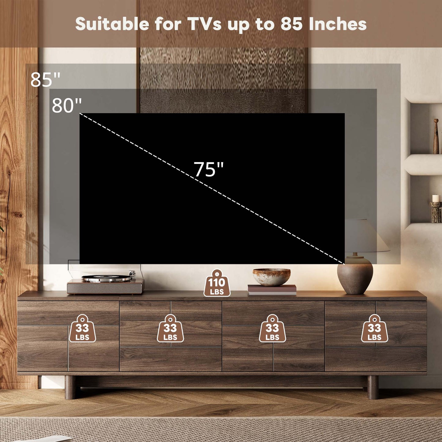Modern 78-Inch TV Stand for TVs up to 85" - Dark Brown