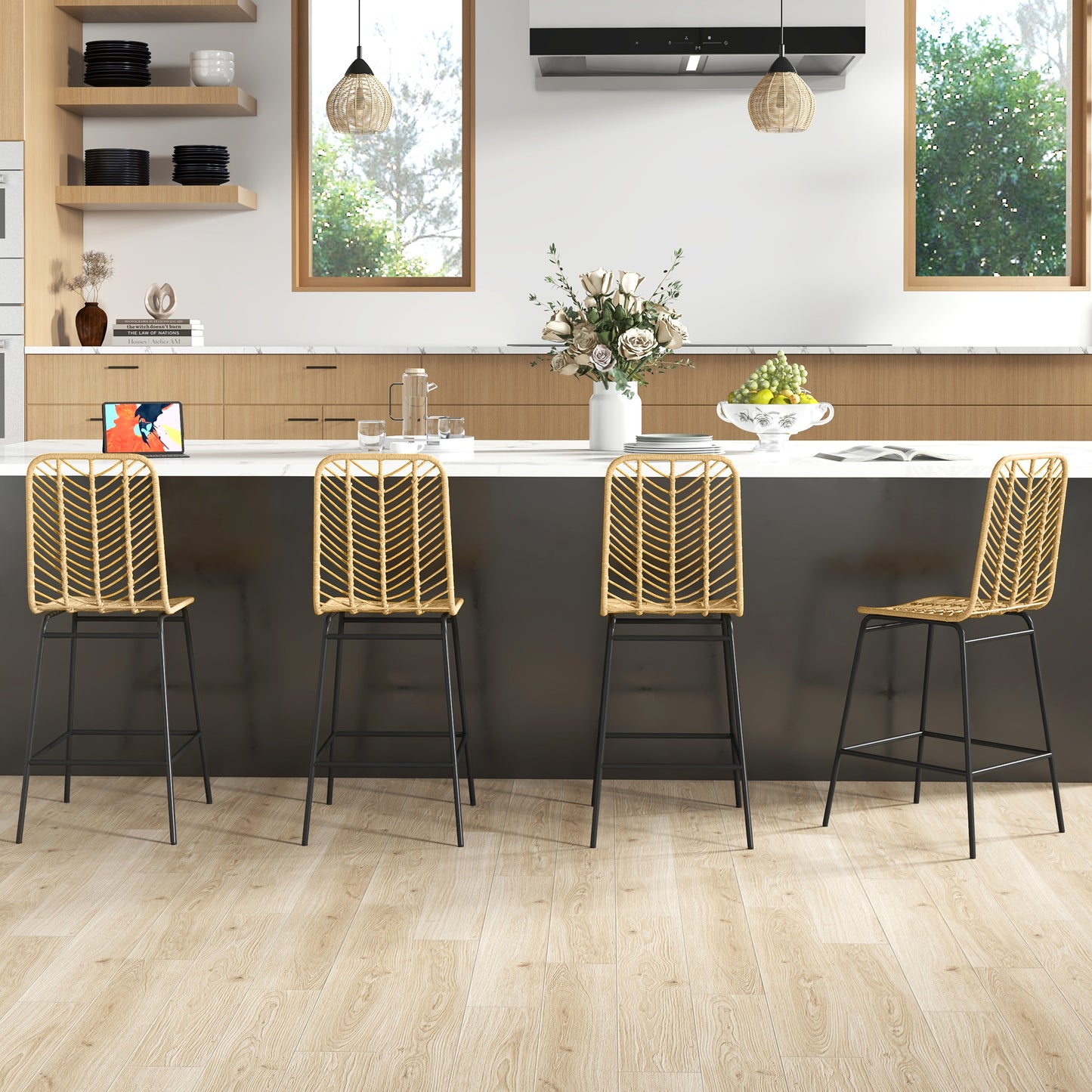 Set of 4 Yellow Rattan Bar Stools with Steel Legs & Footrest