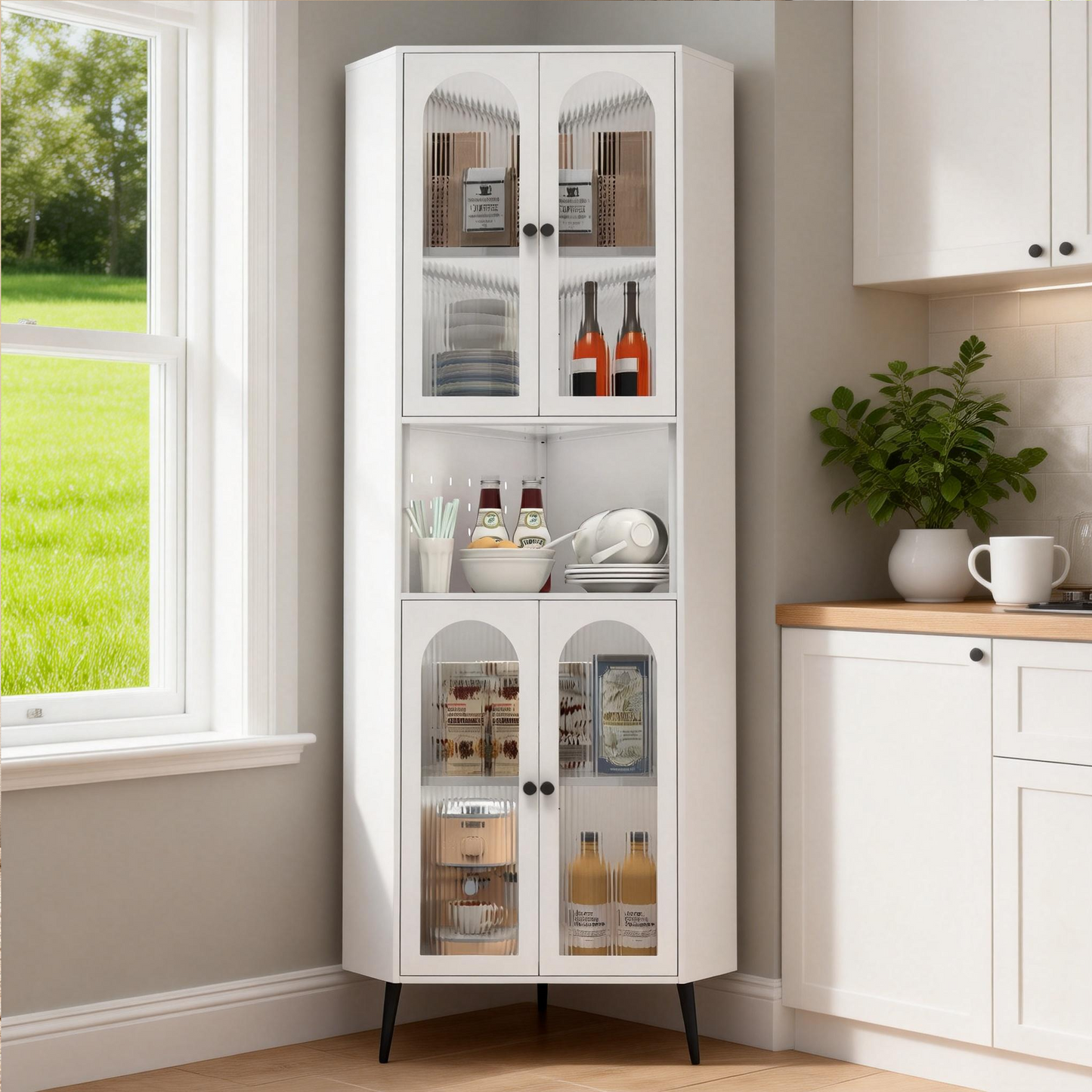 73'' White Metal Corner Storage Cabinet with Adjustable Shelves