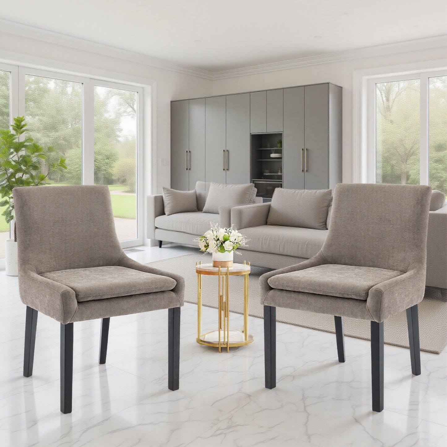 Upholstered Dining Chairs Set of 2 - Mid Back, Wood Legs
