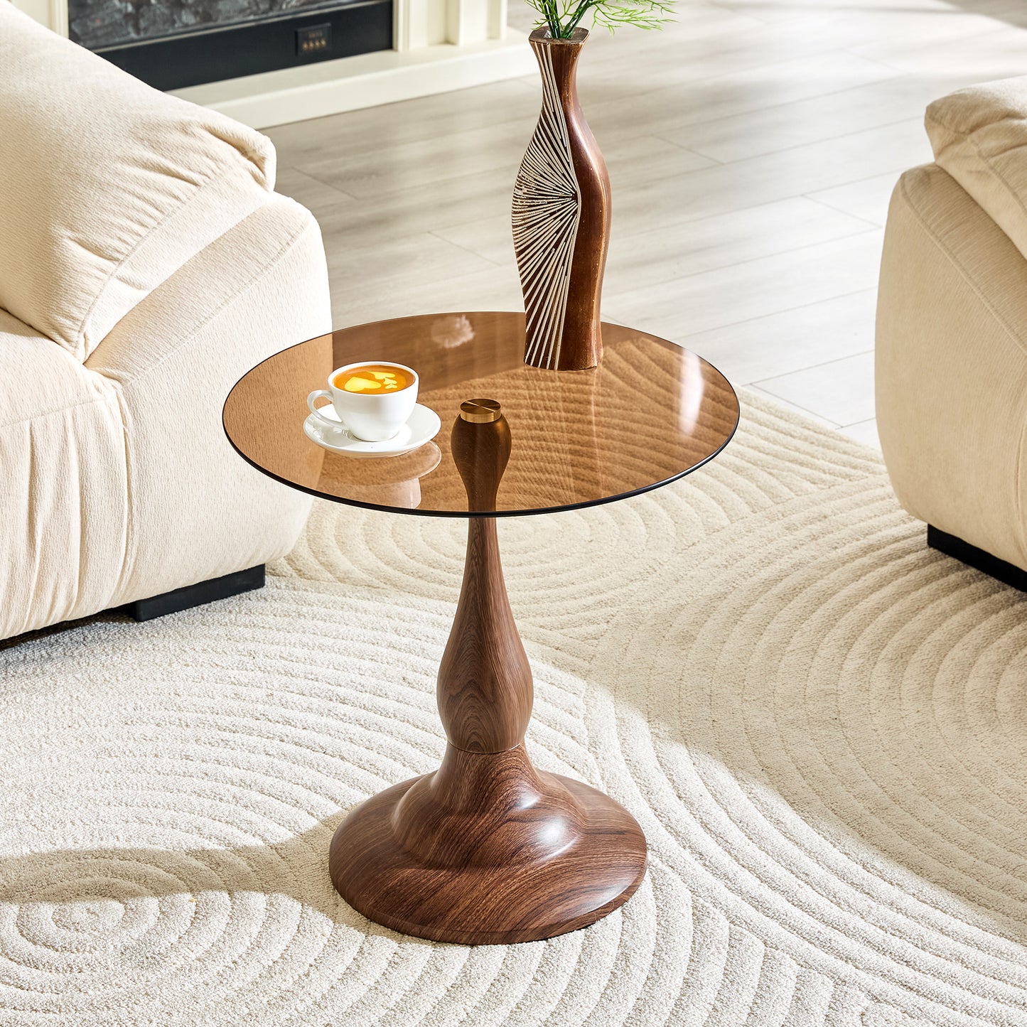 Small Round Metal Side Table with Glass Top - Walnut Finish