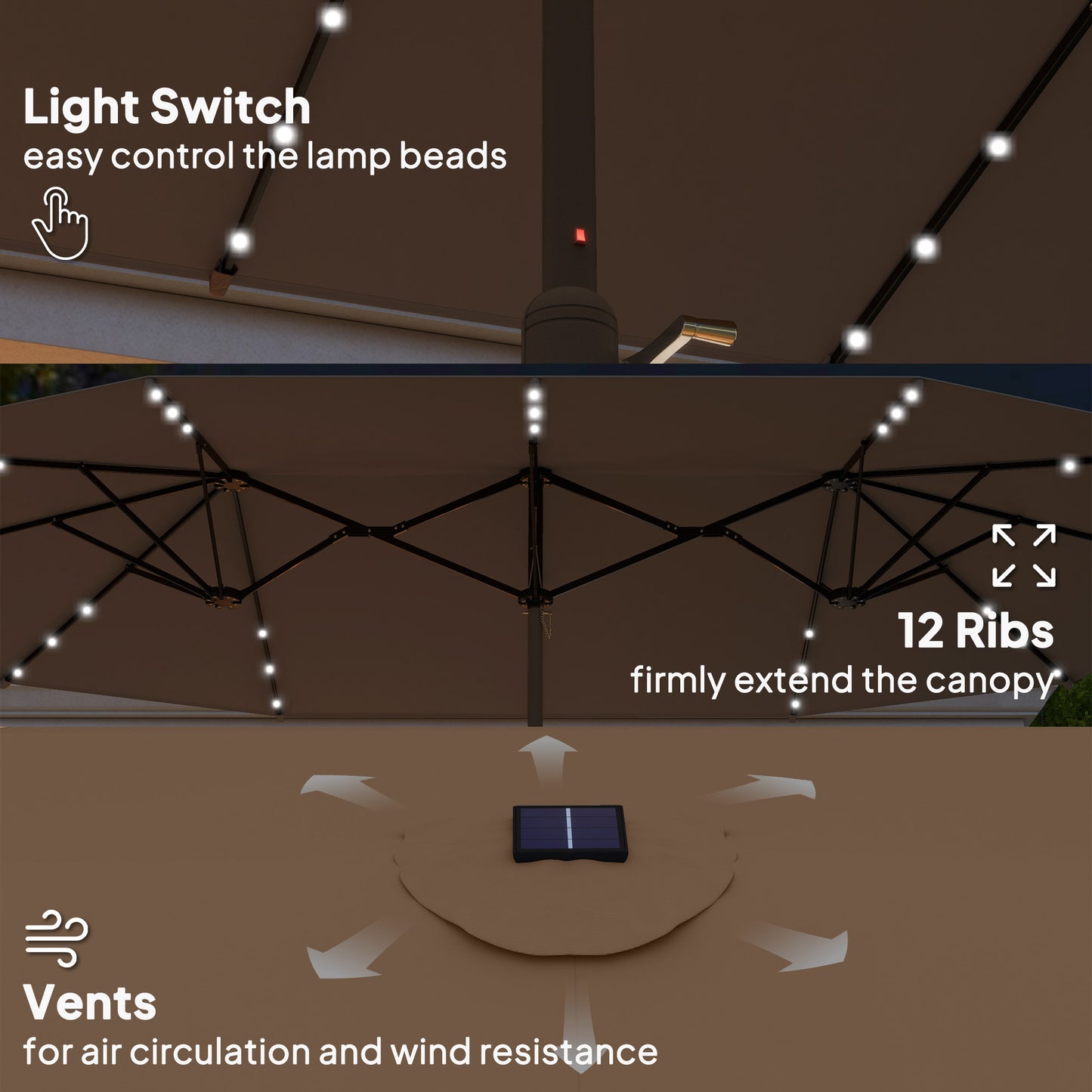 14.4 Ft Double-Sided Garden Parasol with LED Solar Lights - Khaki