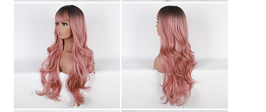 Long Curly Hair Wig with Bangs - Pink