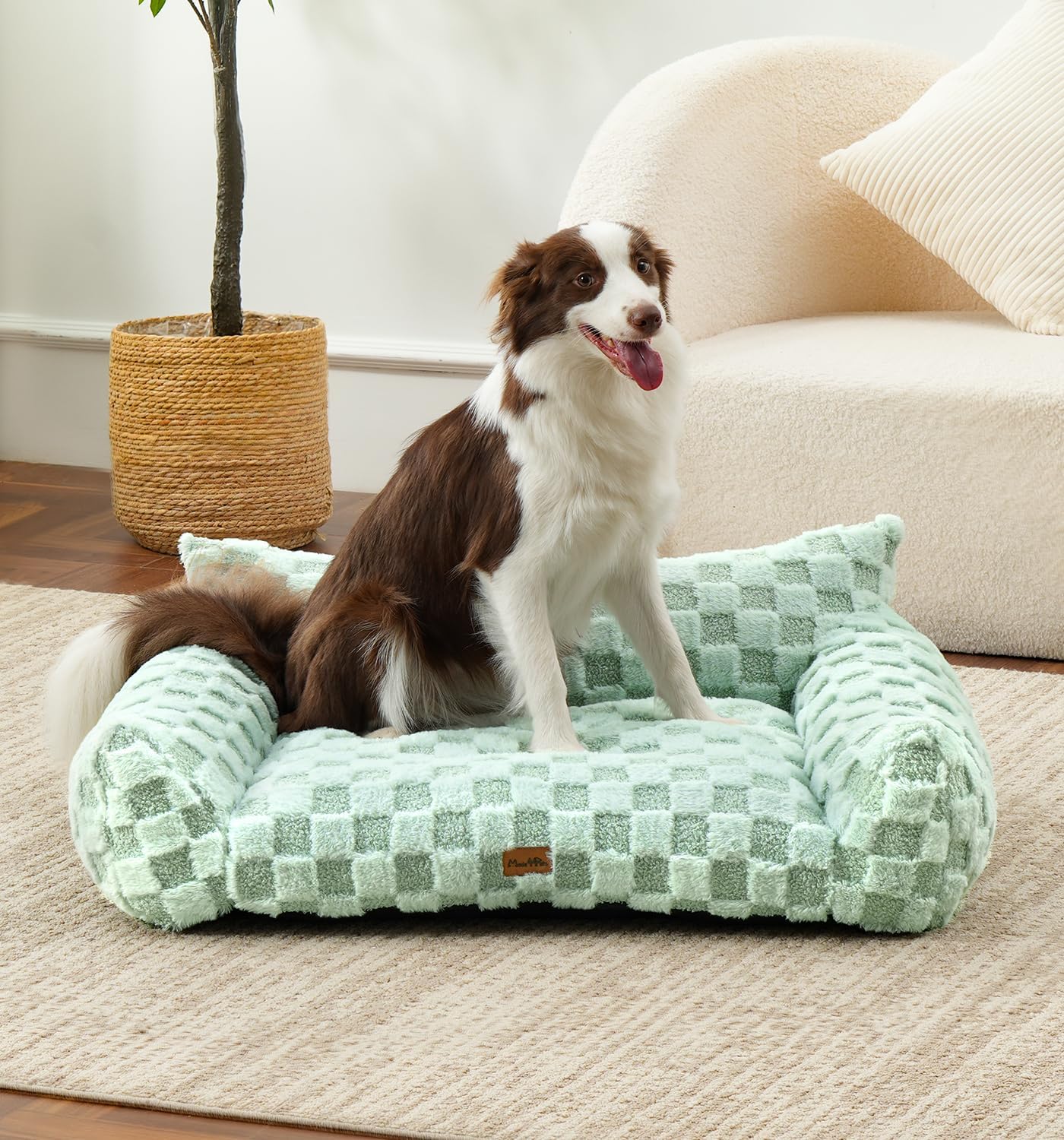 Medium Pet Sofa Bed with Sage Green Plaid Cover - Made4Pets