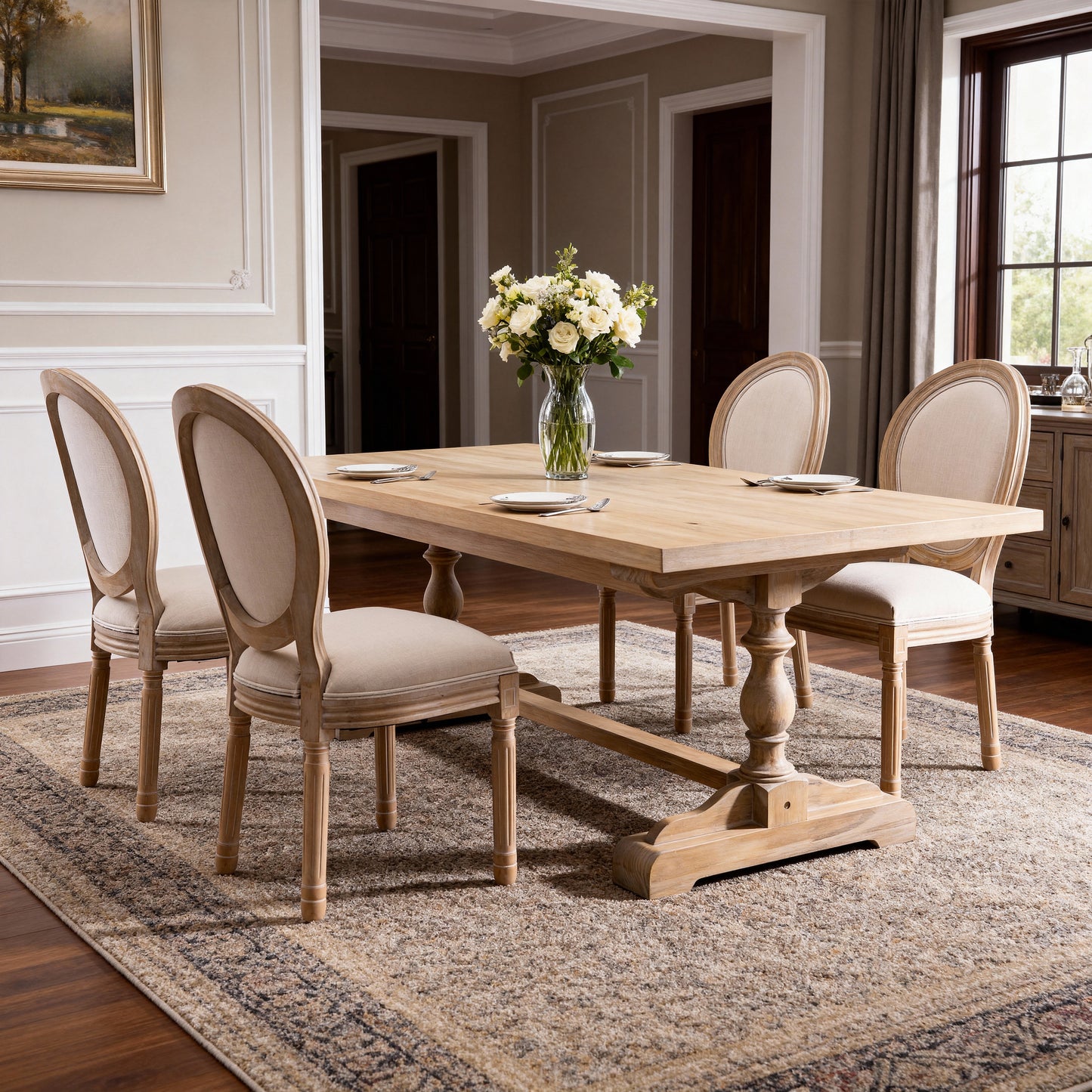Beige French Style Solid Wood Frame Oval Back Dining Chairs - Set of 2