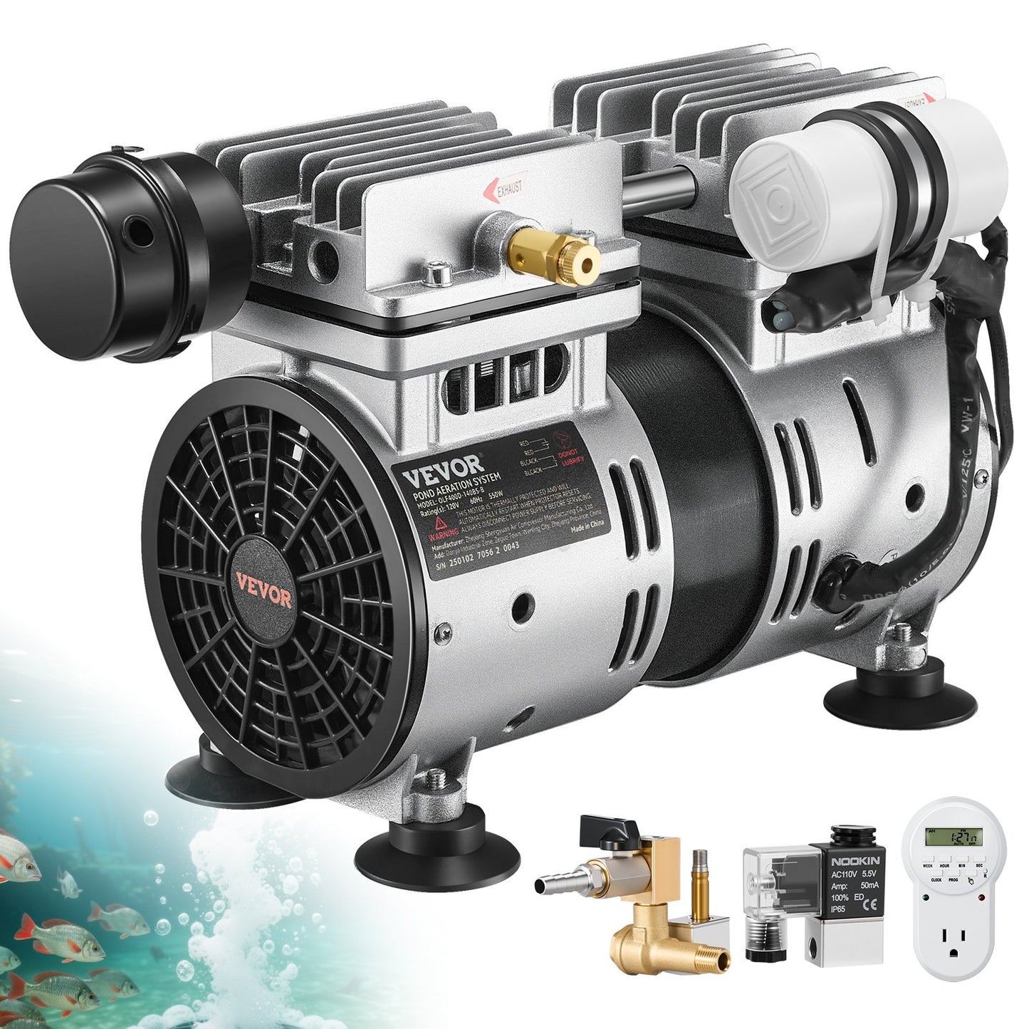 550W Pond Aerator Kit 3/4 HP 5.2 CFM for 3 Acre Water Oxygenation with Timer