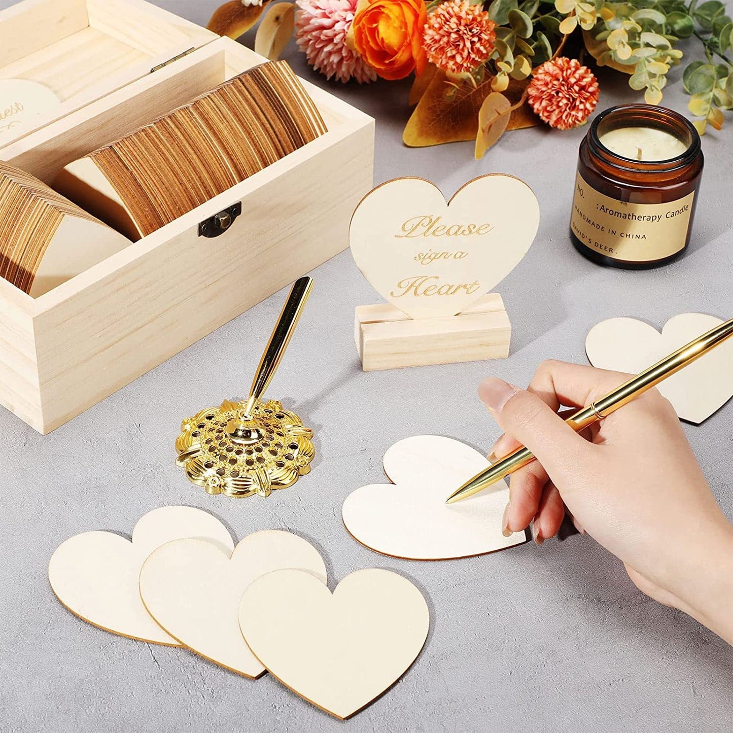 Rustic Wooden Heart Guest Book Set for Weddings & Events with Pen - Natural & Coffee Brown Options