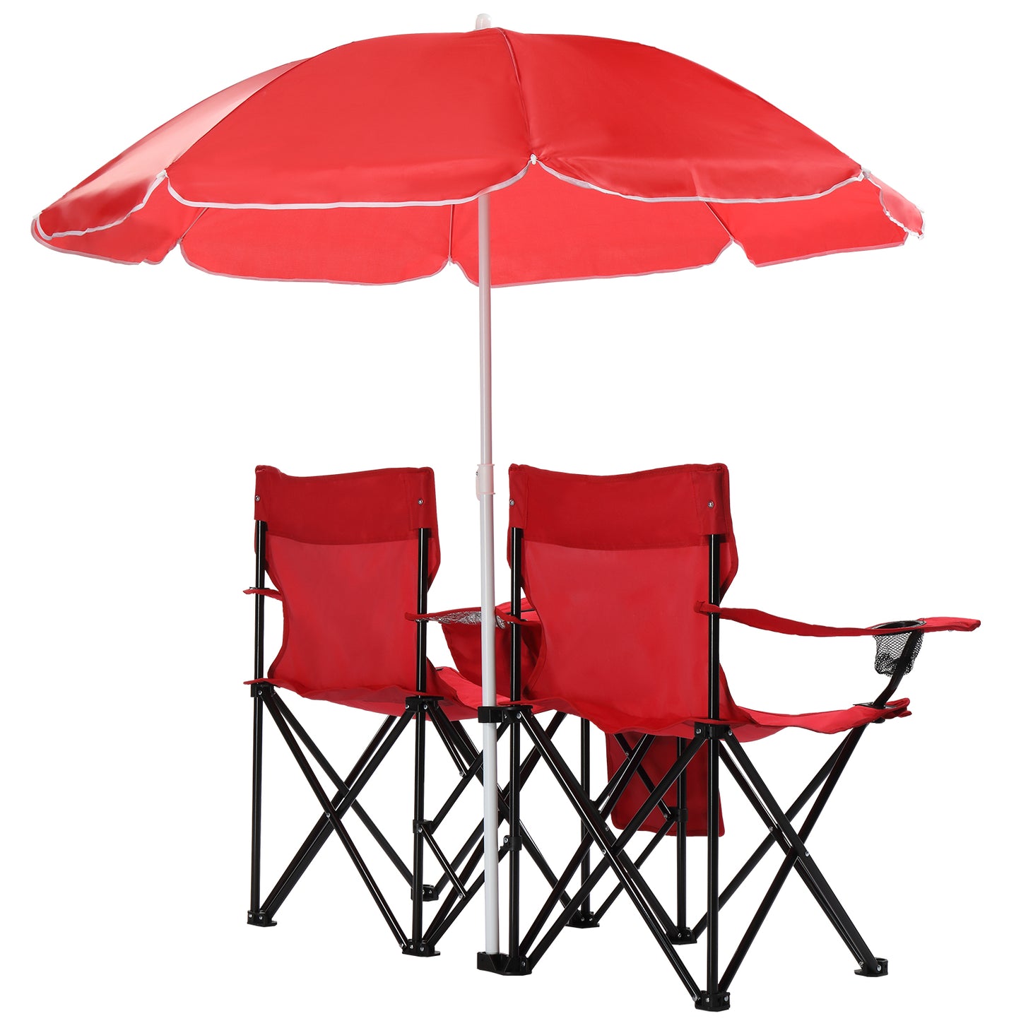 Folding Double Camping Chair with Removable Umbrella & Cup Holders - Red