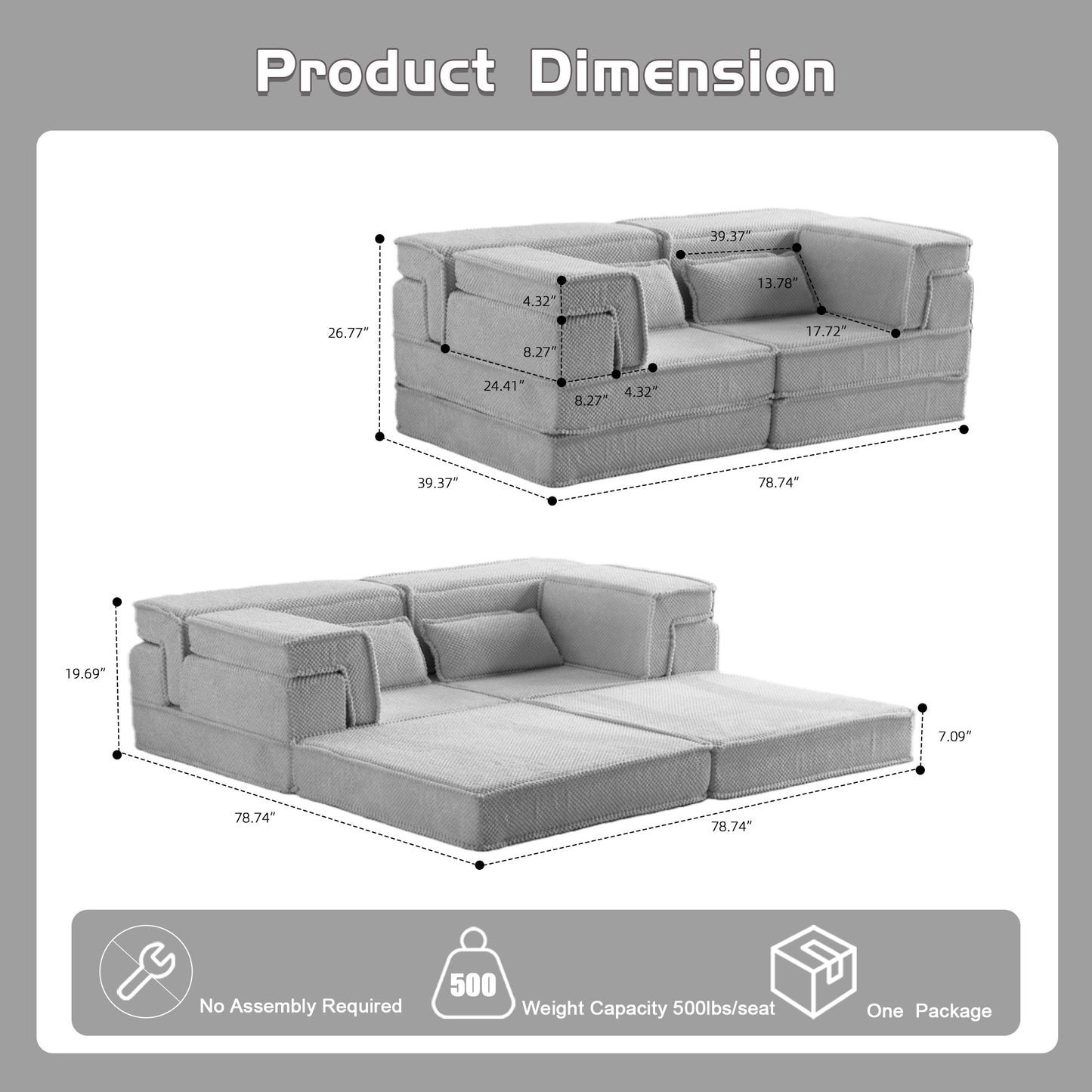 Convertible Modular Floor Sofa Bed - Light Grey