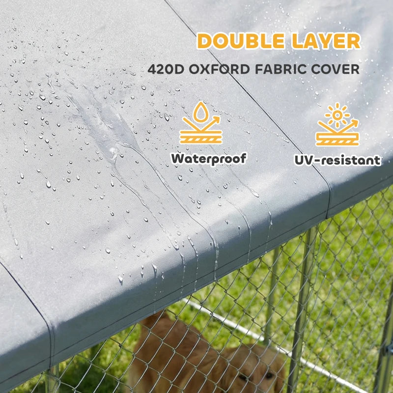 Heavy Duty Outdoor Dog Kennel with Waterproof Roof & Secure Latches - 20x15x8 ft, Silver