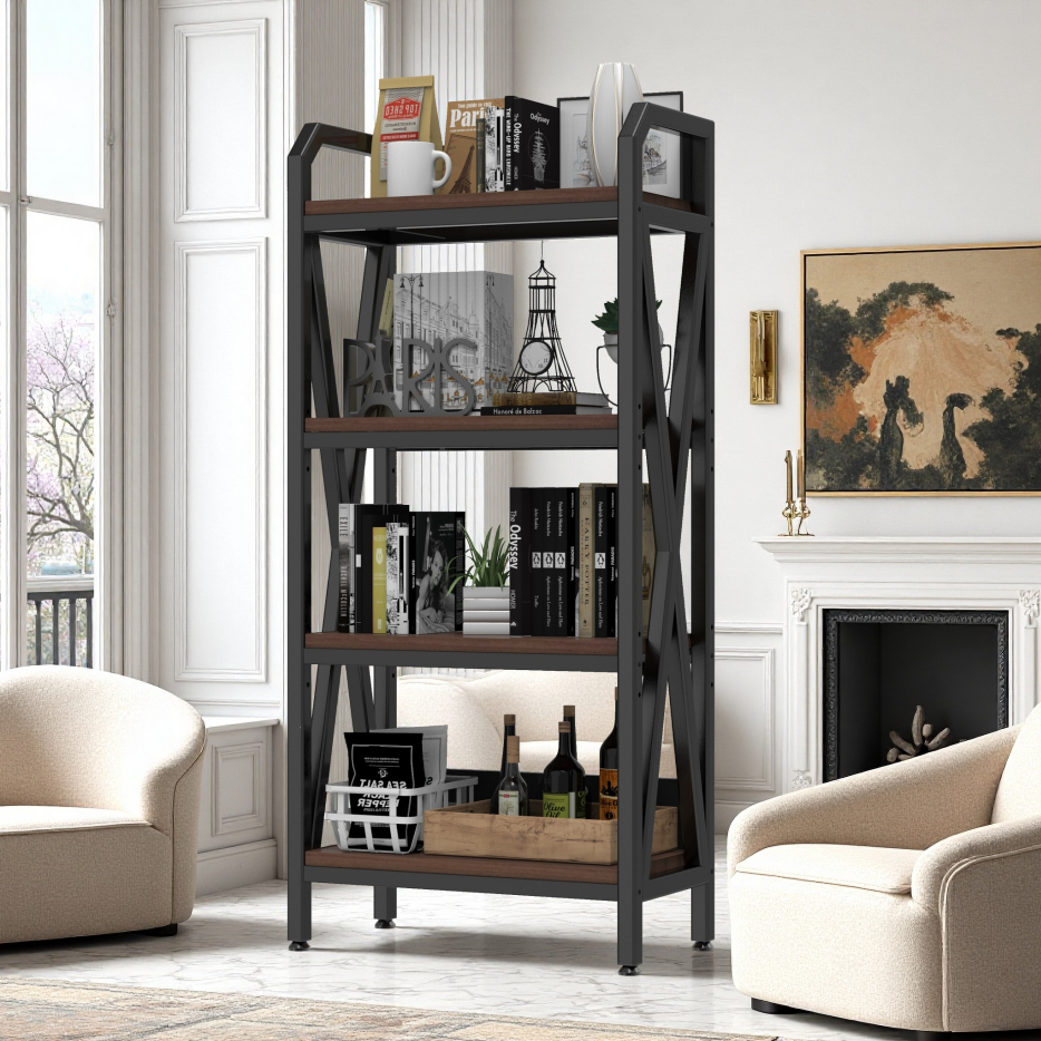 Black 56.3-Inch Metal & Wood Kitchen Storage Rack with 4 Adjustable Shelves