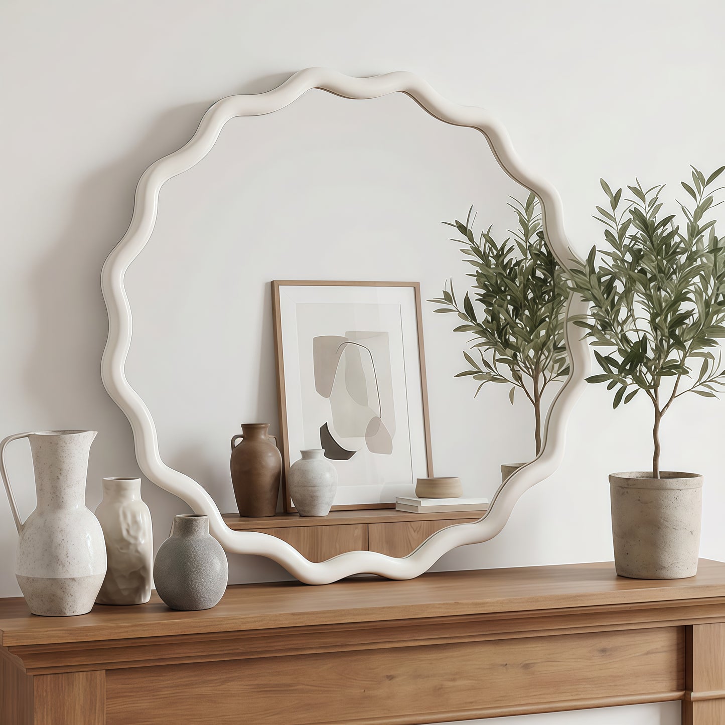 24 Inch Wavy Round Solid Wood Frame Decorative Mirror - White