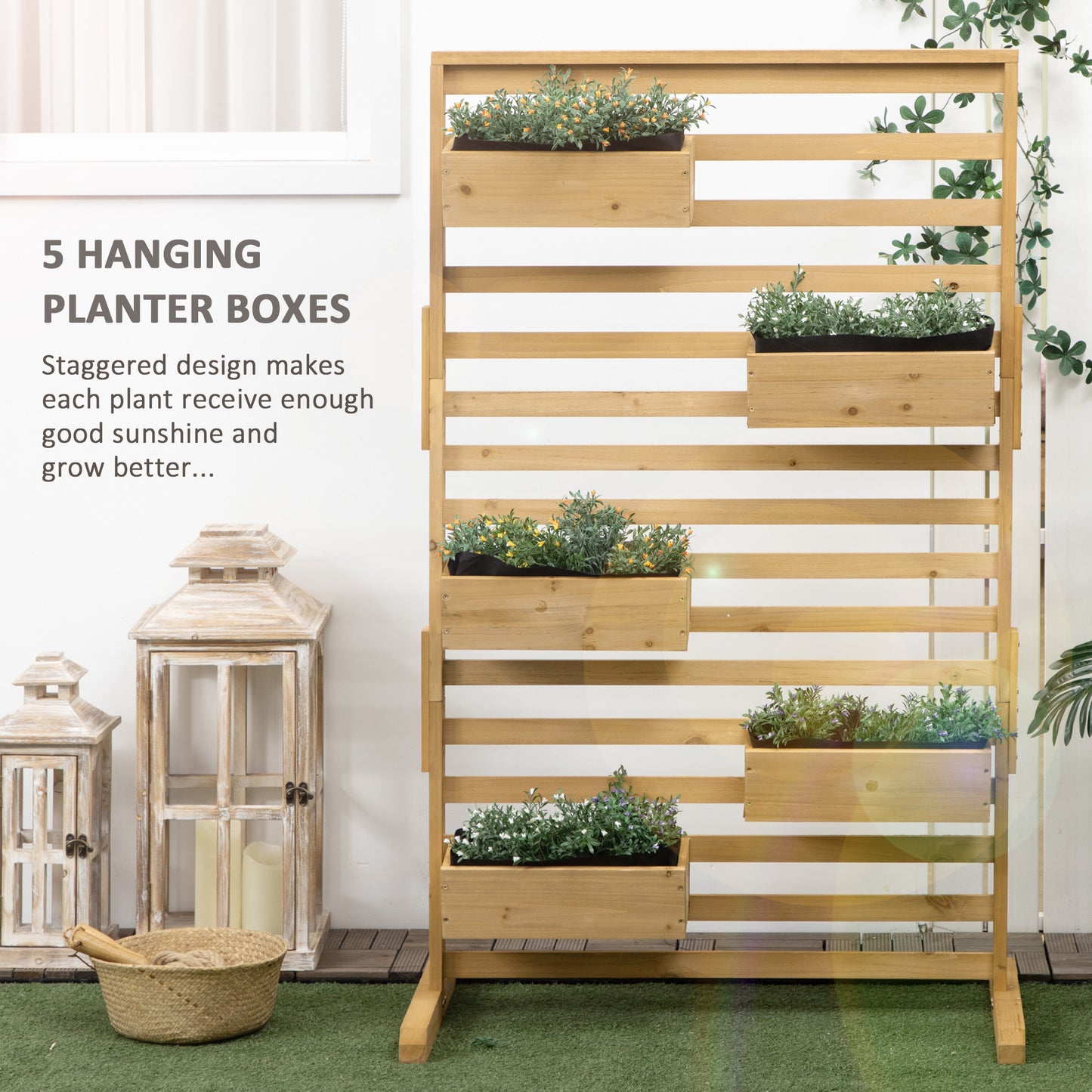 Wooden Plant Trellis Stand with 5 Hanging Planter Boxes - Outdoor Garden Support