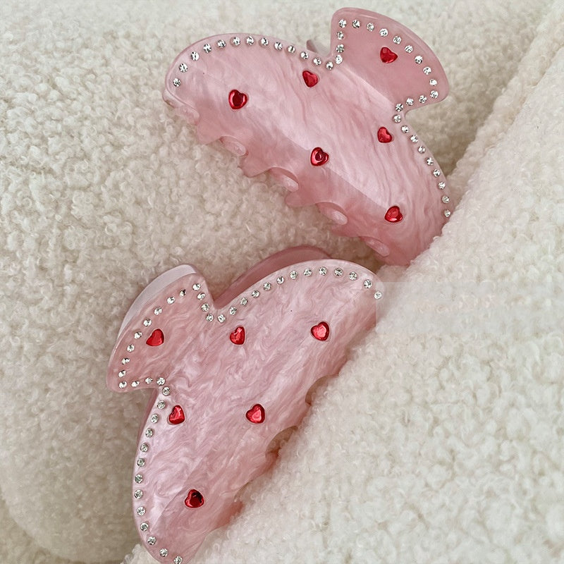 Rhinestone Love Heart Hair Clip - Pink, 10cm
