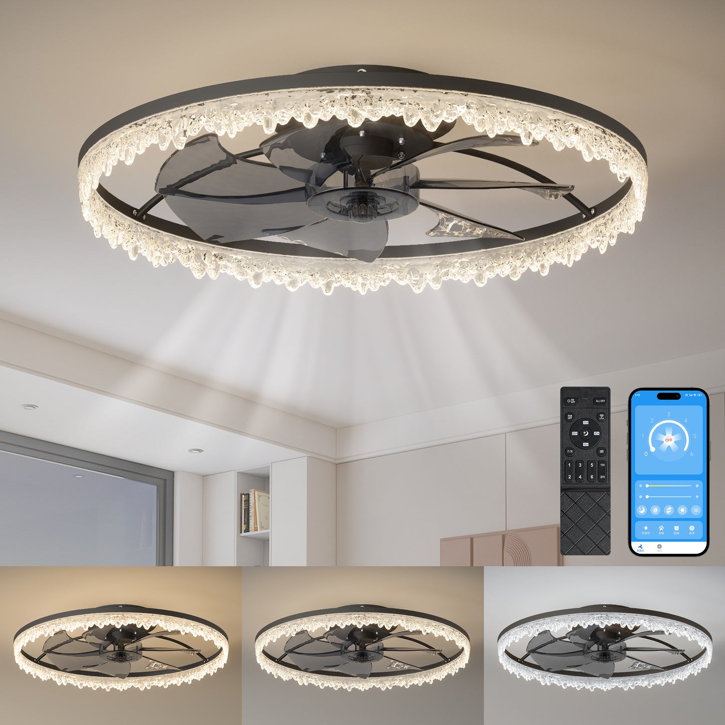 Luxury Crystal Ceiling Fan with Dimmable LED Light - 24" Flush Mount